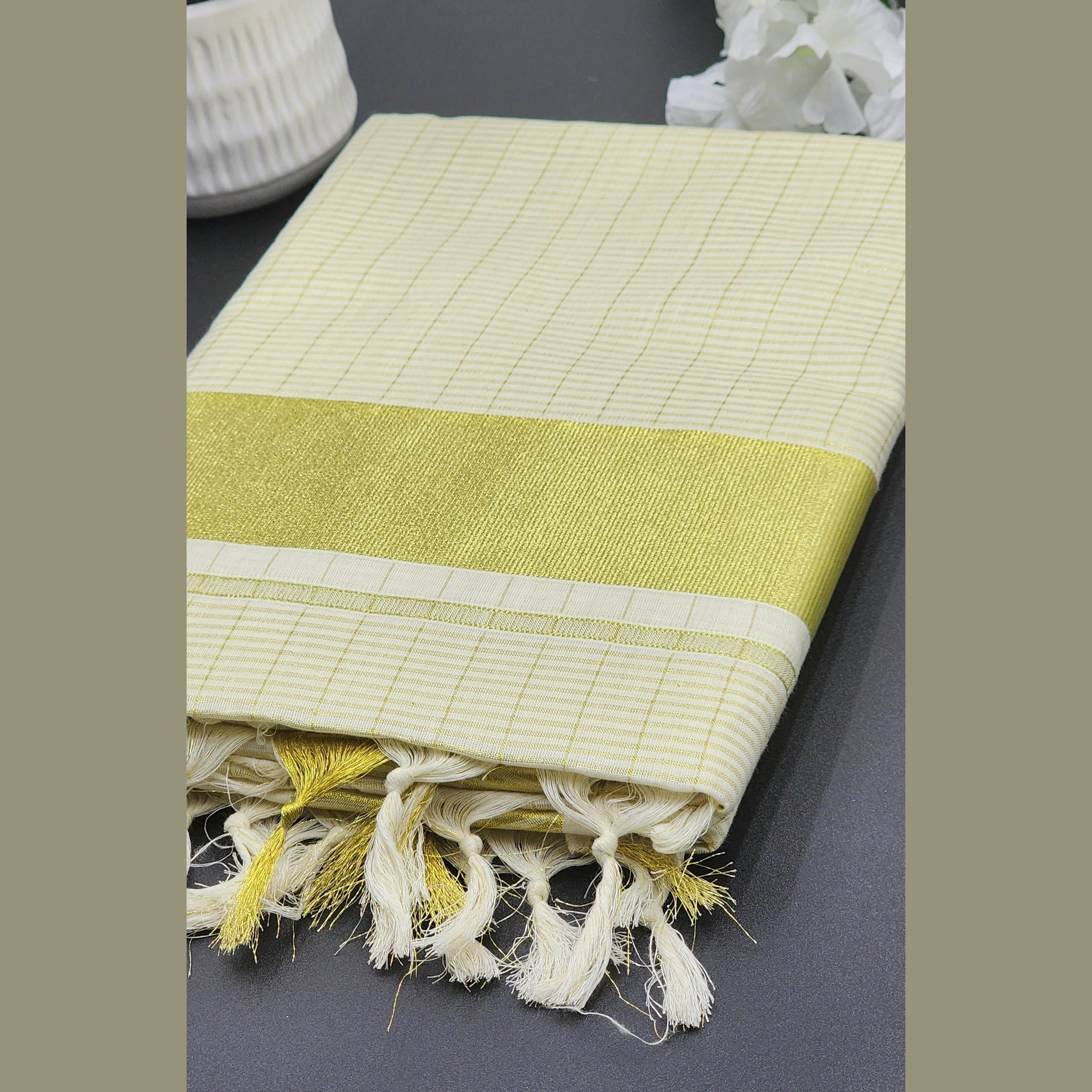 Tissue Silk Kerala Saree Medium Golden border and full body cross line work Eljoys Fashion