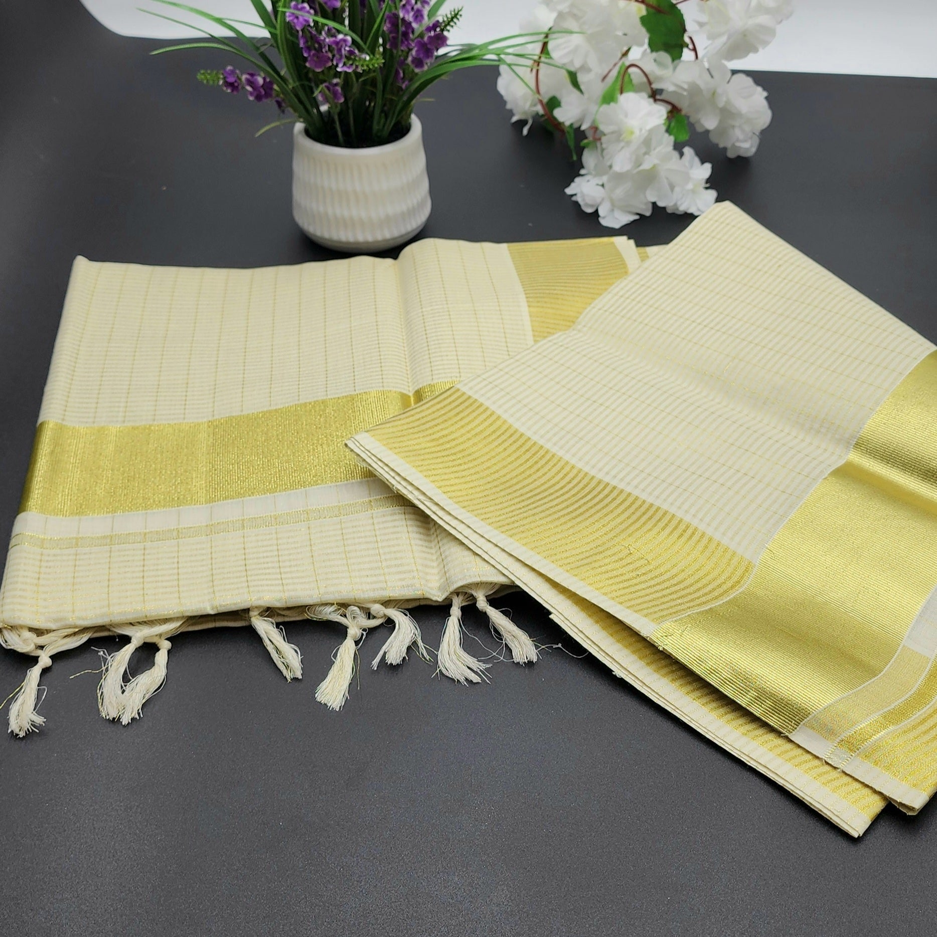 Tissue Silk Kerala Saree Medium Golden border and full body cross line work Eljoys Fashion