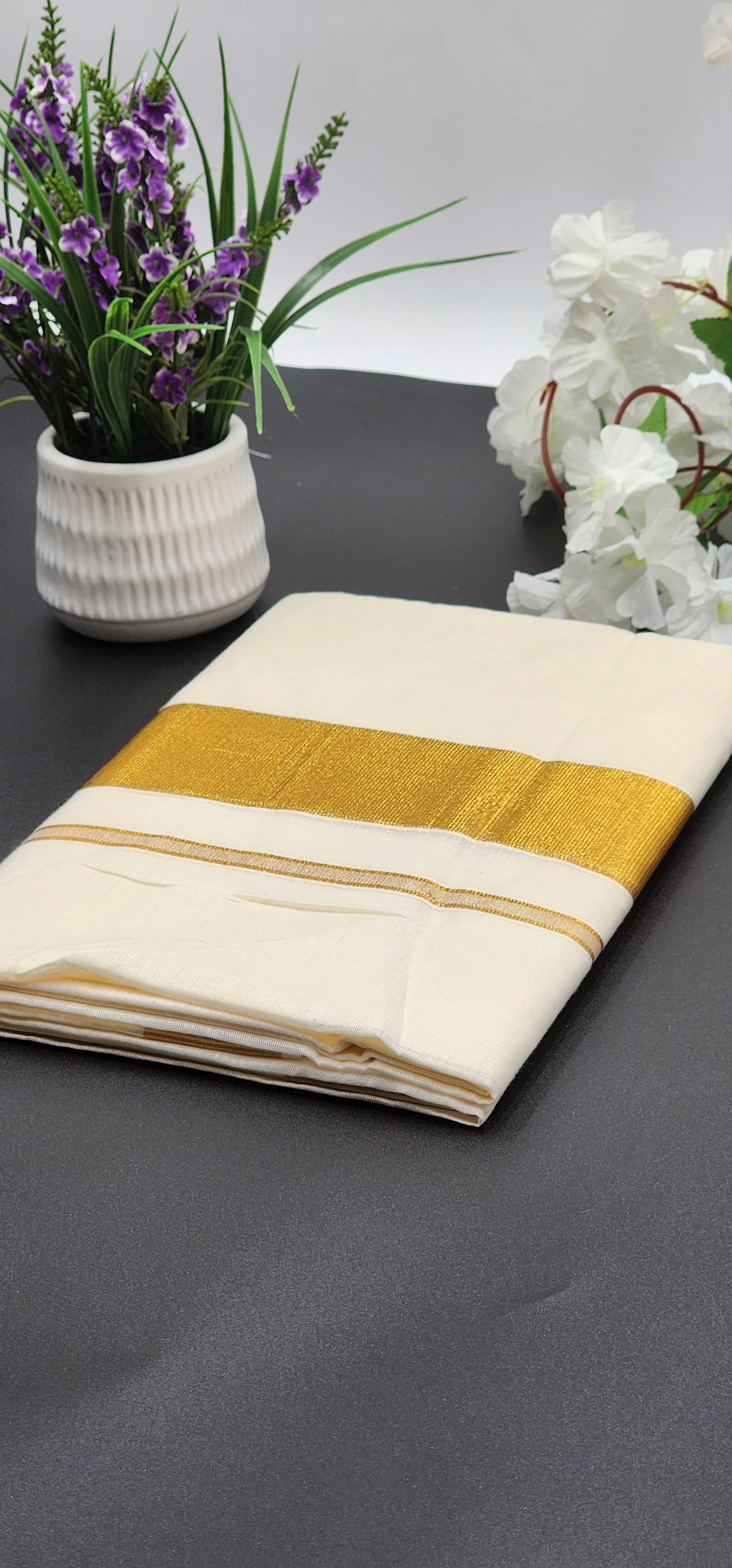 Tissue Silk Traditional Kerala Saree medium intense Gold Border - Eljoys Fashion 