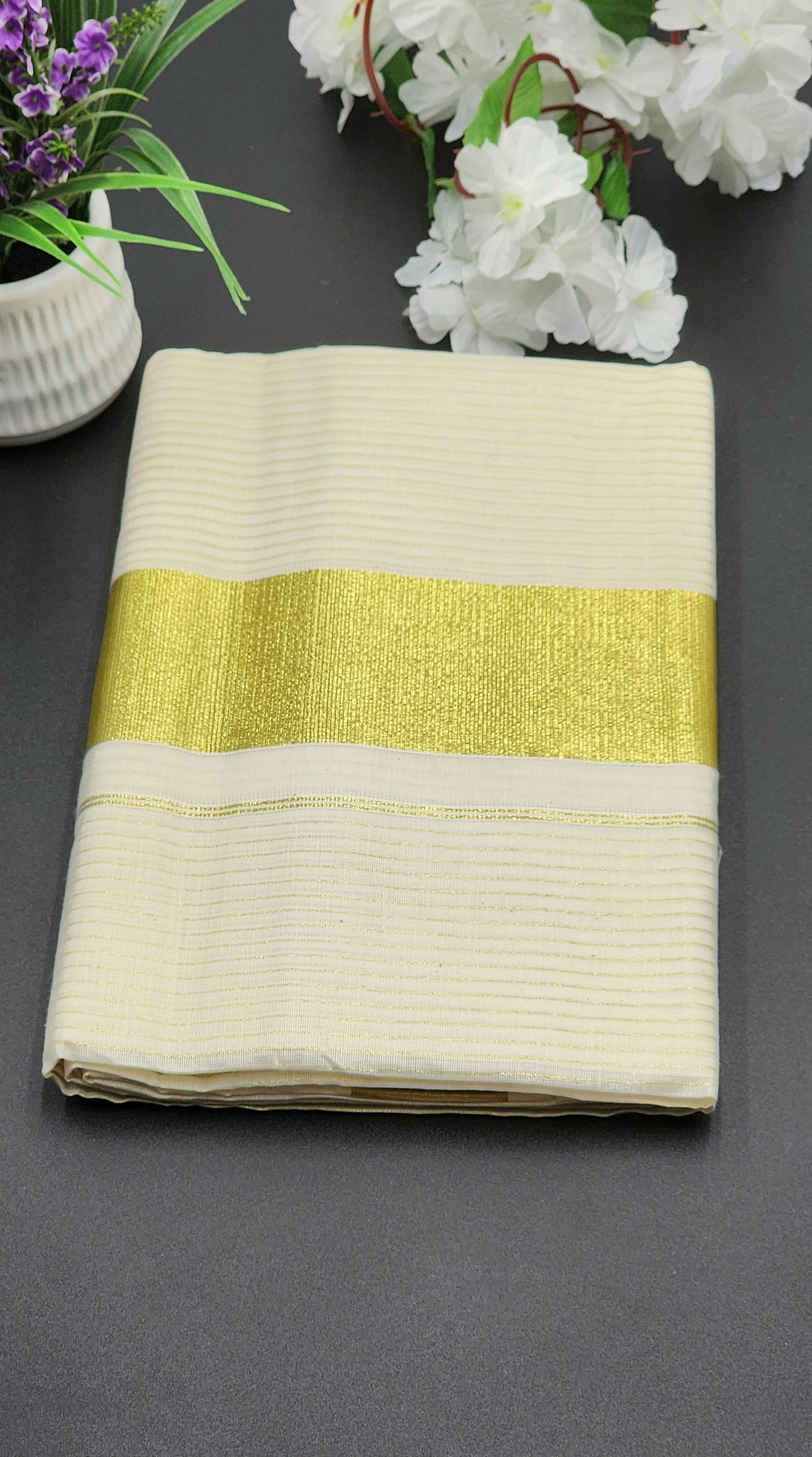 Tissue Silk Traditional Kerala saree with medium gold border and horizontal full body line Eljoys Fashion