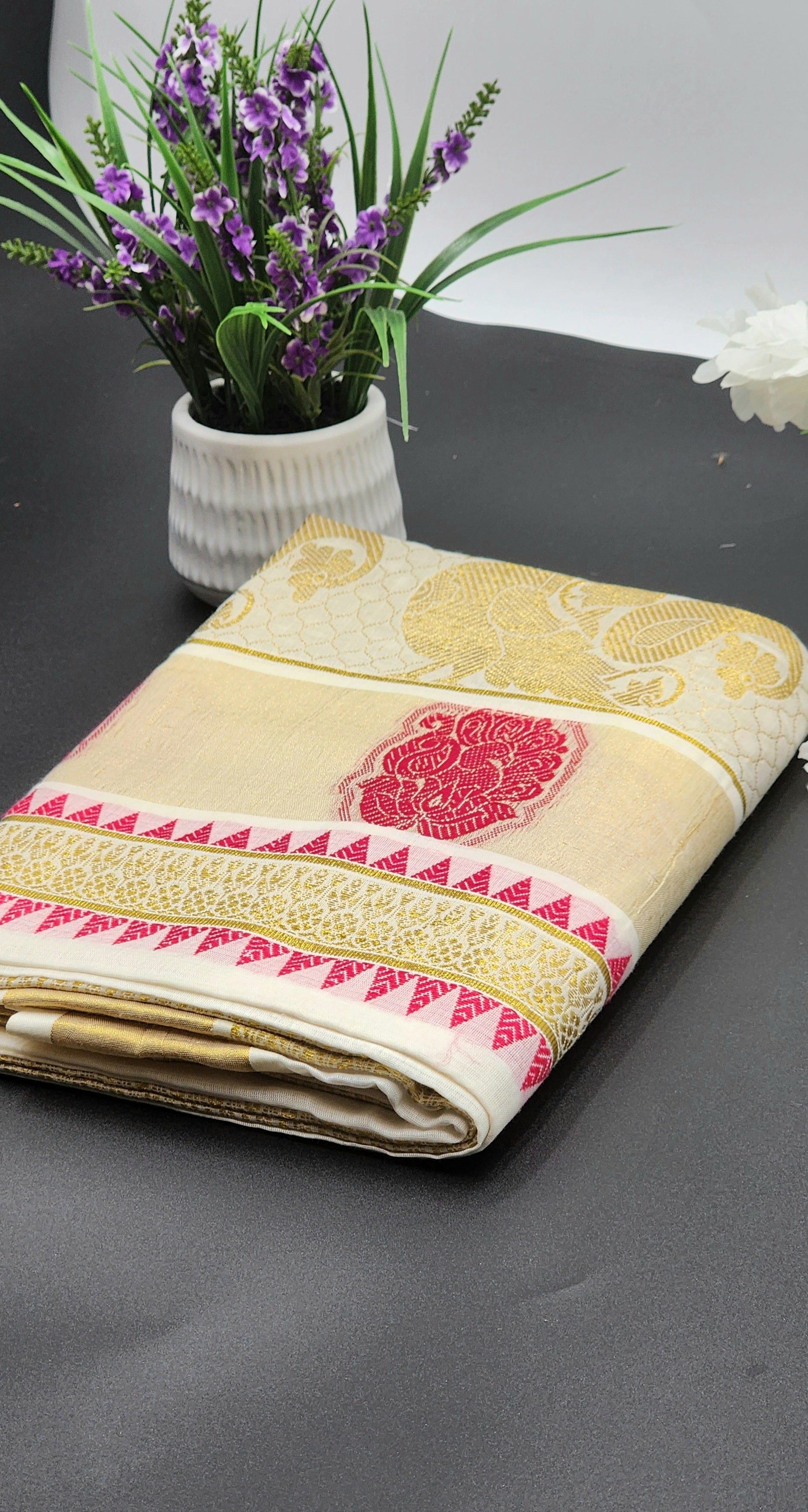 Traditional Kerala saree Peacock design in red and golden hues - Eljoys Fashion 