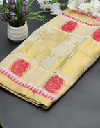 Traditional Kerala saree Peacock design in red and golden hues Eljoys Fashion