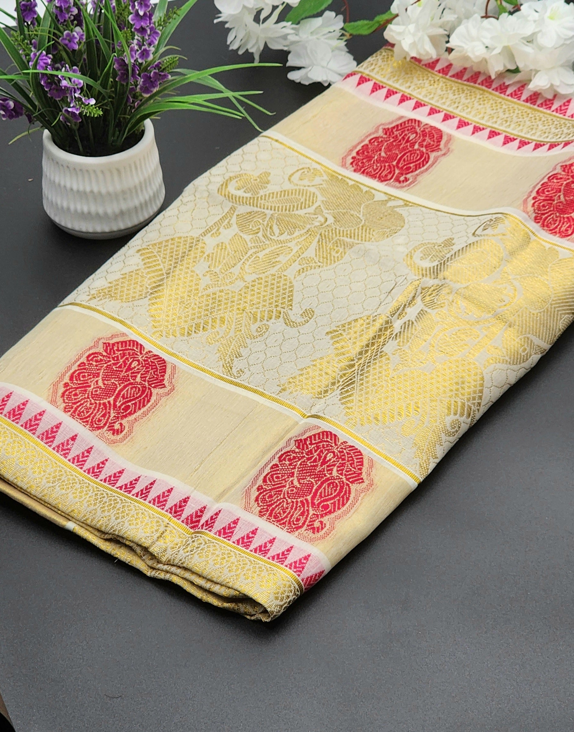 Traditional Kerala saree Peacock design in red and golden hues - Eljoys Fashion 