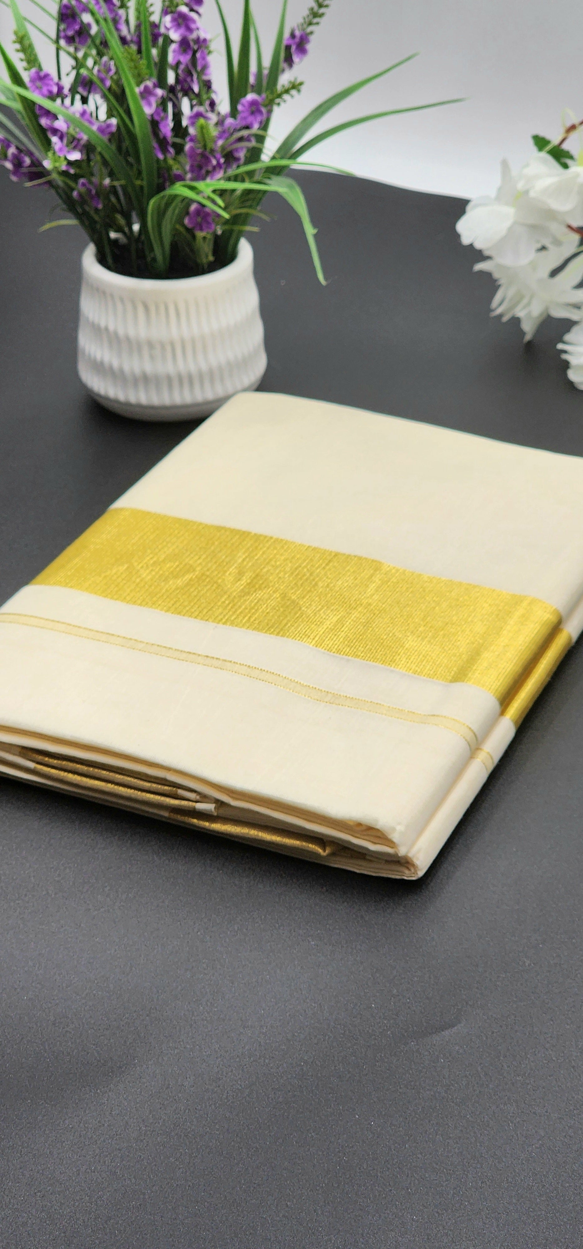 Kerala Tissue Silk Saree in Medium True gold border - Eljoys Fashion 