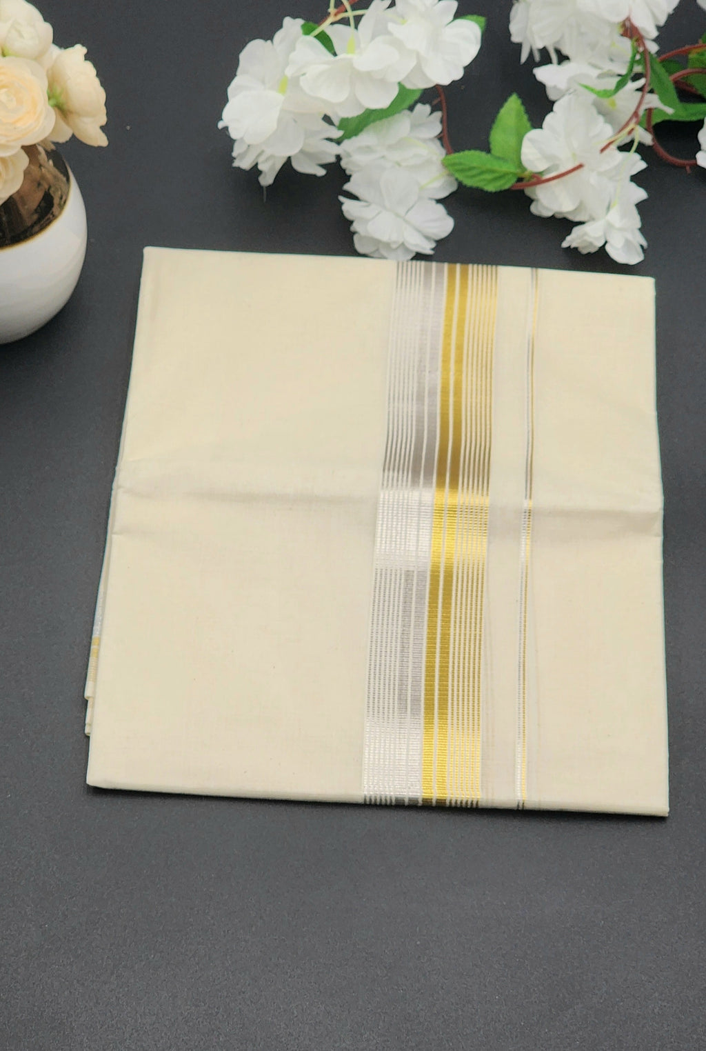 Dhoti Mundu Kerala style Multi Gold line and Silver Border