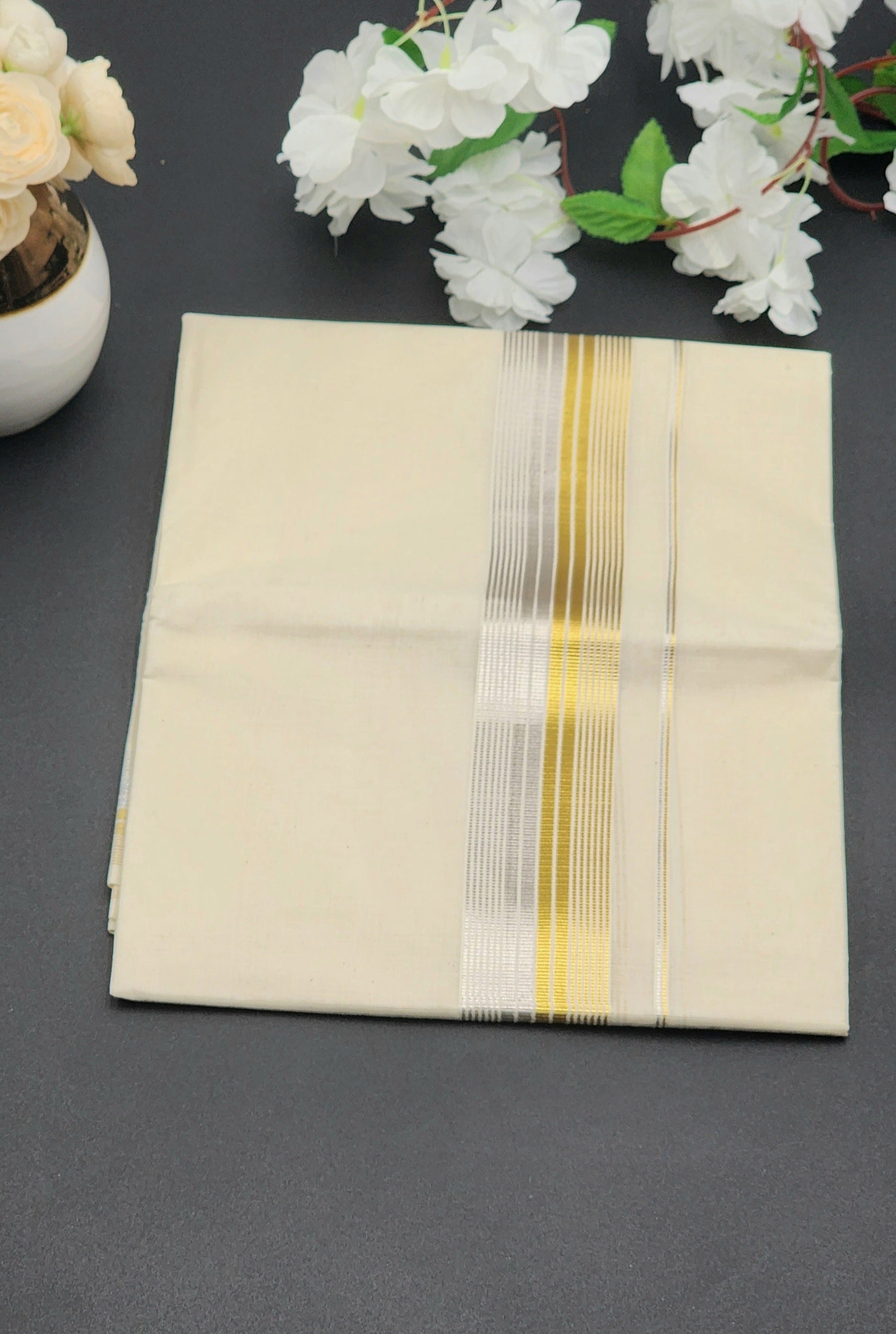 Dhoti Mundu Kerala style Multi Gold line and Silver Border