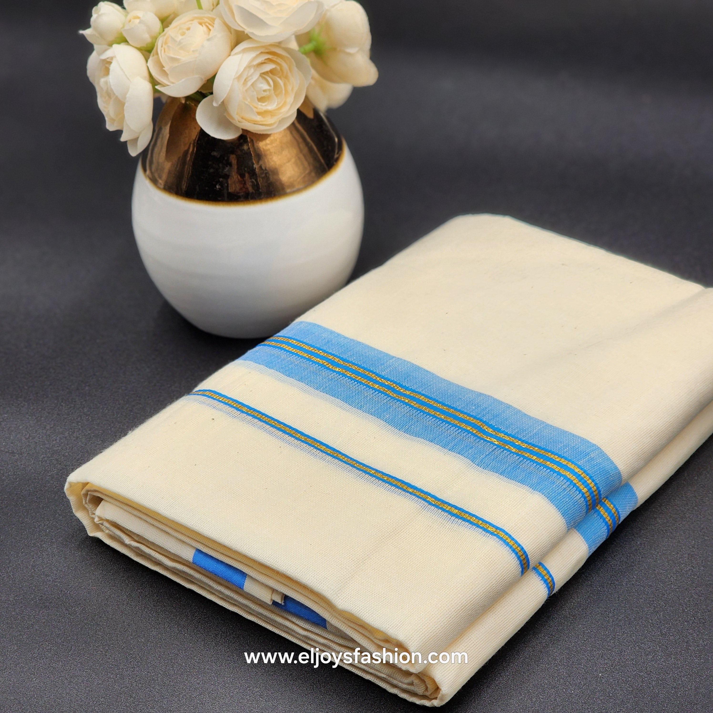 Dhoti Mundu South Indian traditional style with Sky blue, Dark Blue and gold Border Eljoys Fashion