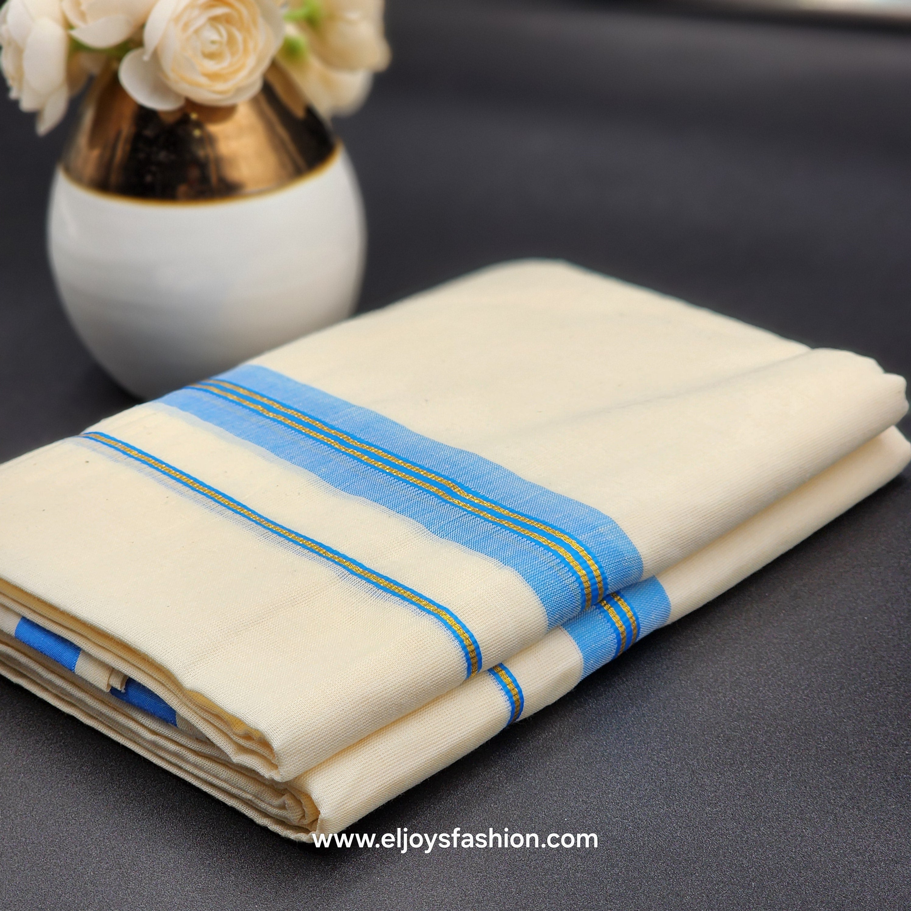 Dhoti Mundu South Indian traditional style with Sky blue, Dark Blue and gold Border Eljoys Fashion