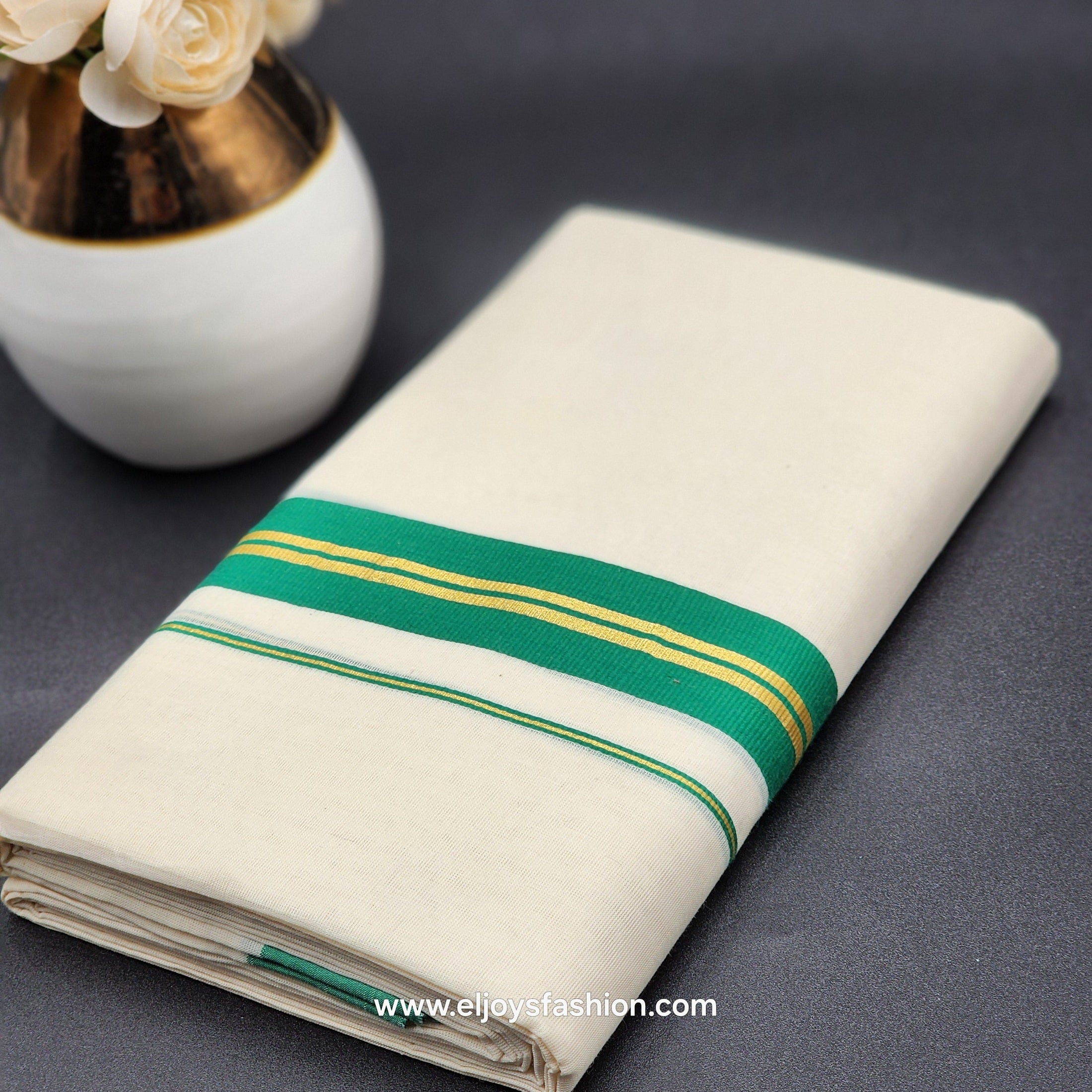 Dhoti Mundu South Indian traditional style with green and golden border Eljoys Fashion