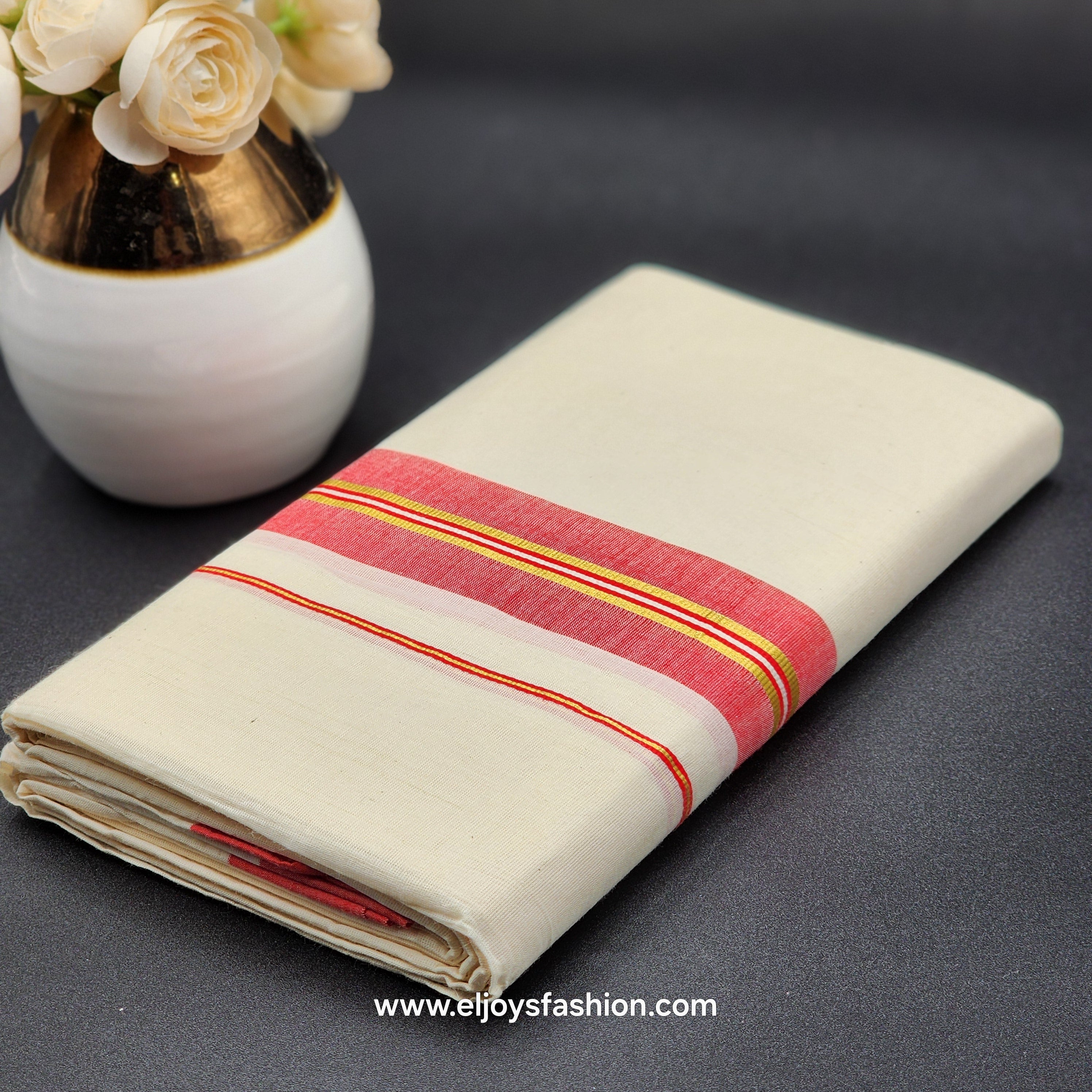 Dhoti Mundu South Indian traditional style with Gold and Red line border Eljoys Fashion