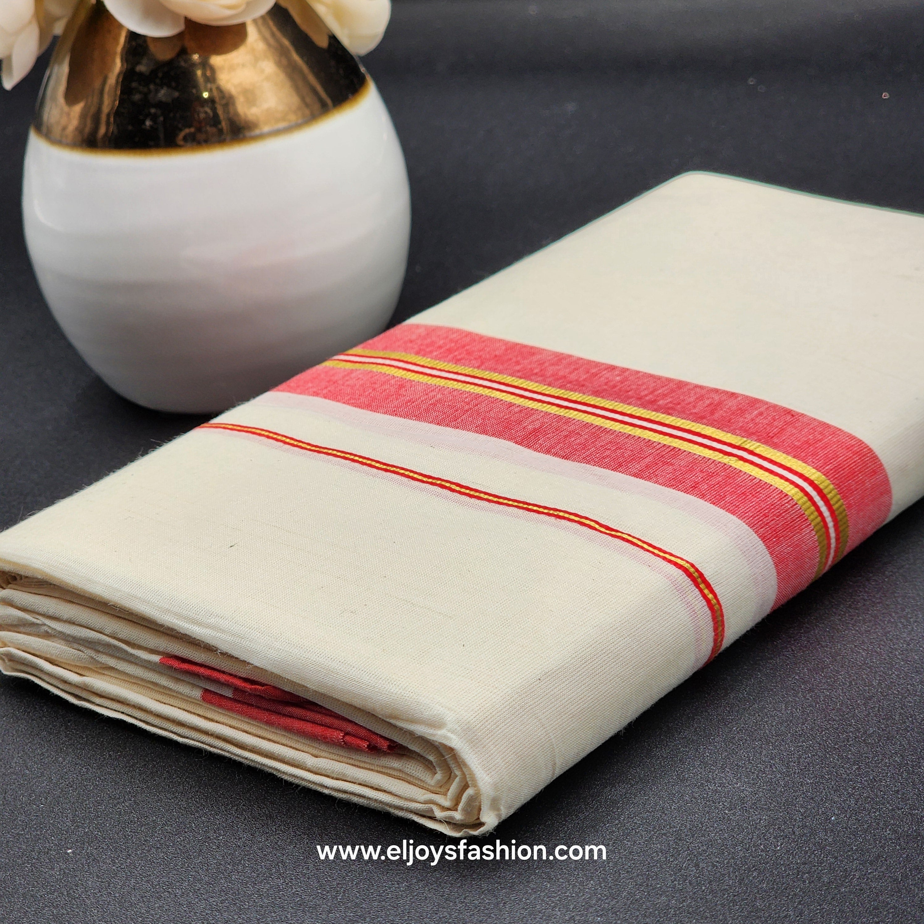 Dhoti Mundu South Indian traditional style with Gold and Red line border Eljoys Fashion