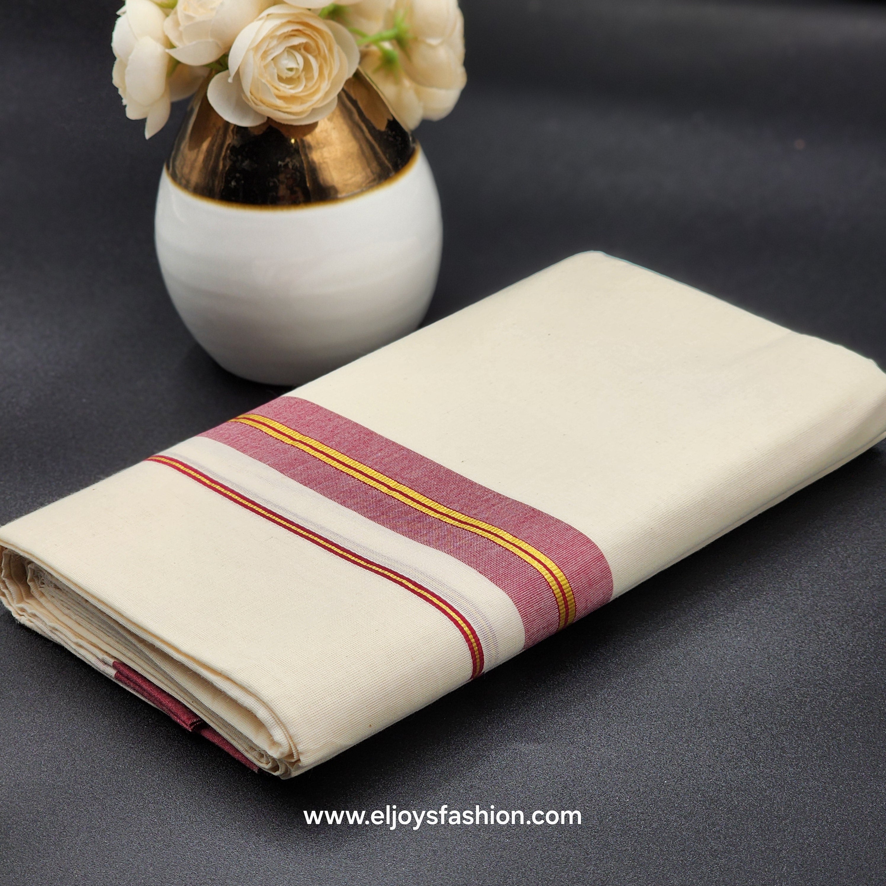 Dhoti Mundu South Indian traditional style with light/dark Cherry and Gold border Eljoys Fashion