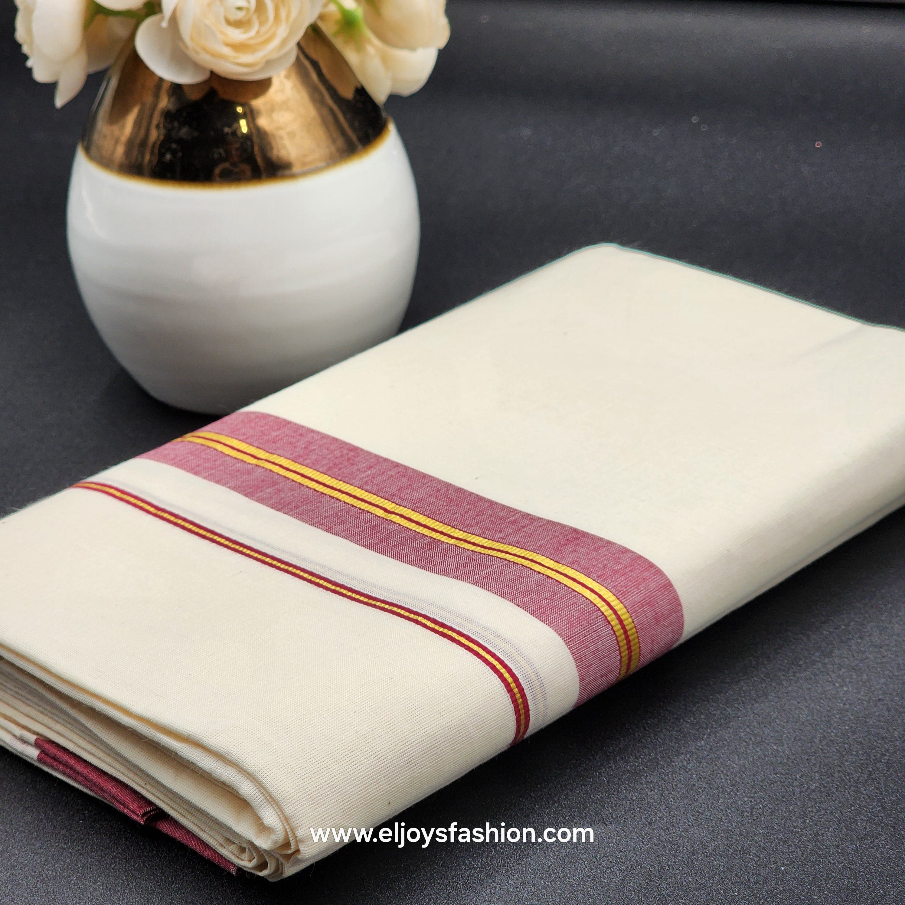 Dhoti Mundu South Indian traditional style with light/dark Cherry and Gold border Eljoys Fashion
