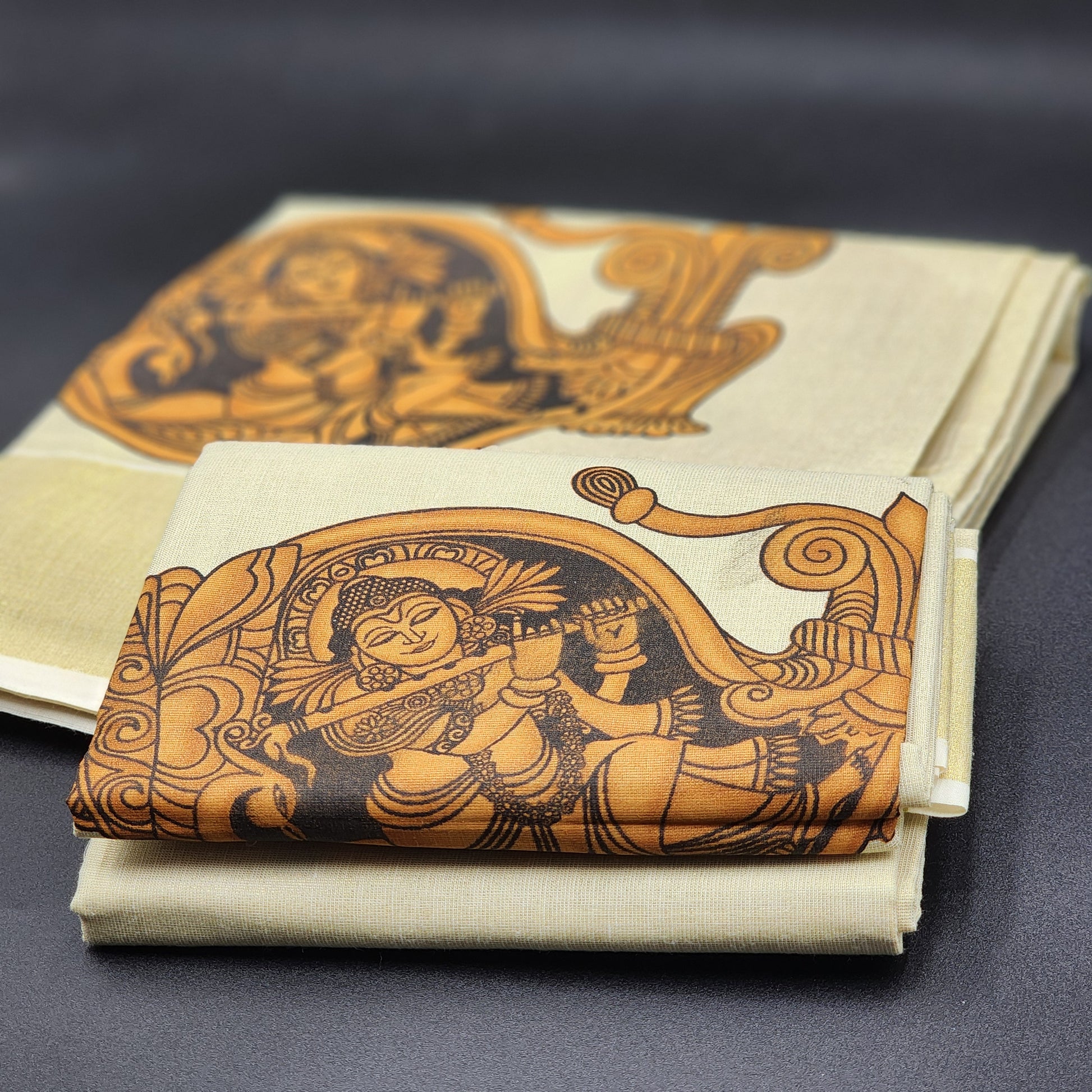 Set Mundu Lord Krishna print with Gold border