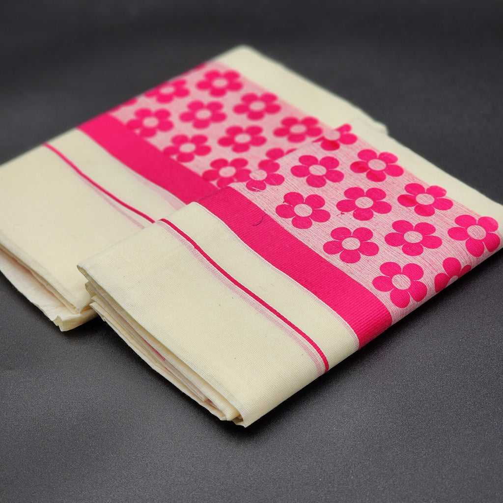 Set Mundu Pink floral design with pink border Eljoys Fashion