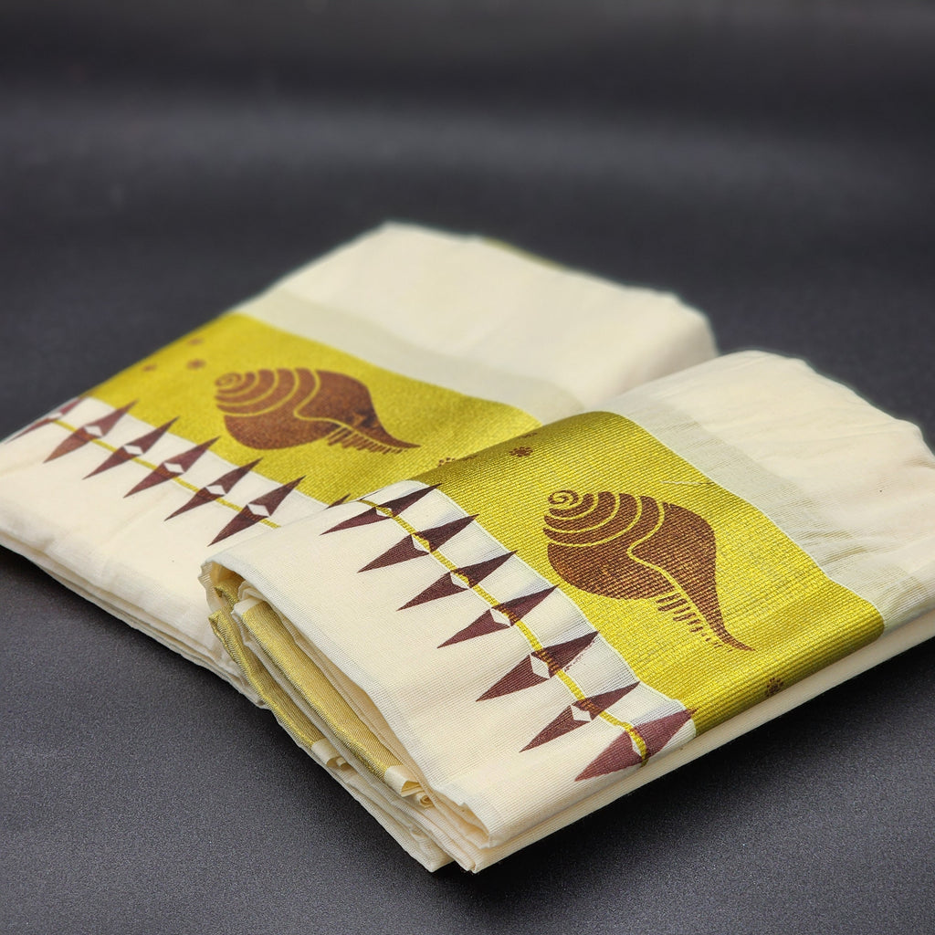 Set Mundu Brown shell design and Thick gold border design Eljoys Fashion