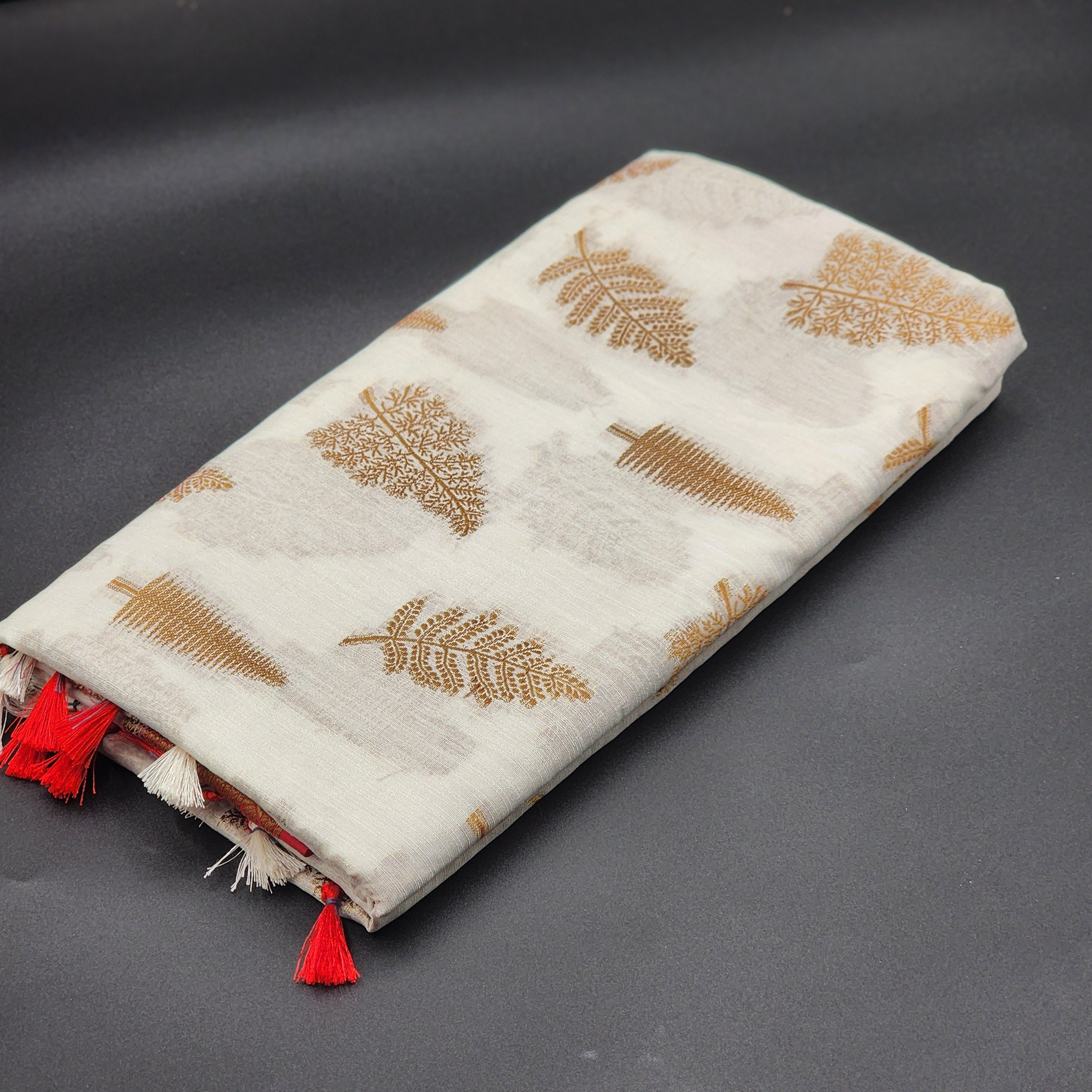 Tissue Silk Saree in Off white with contrast Red border Full body fern pattern 1157 Eljoys Fashion