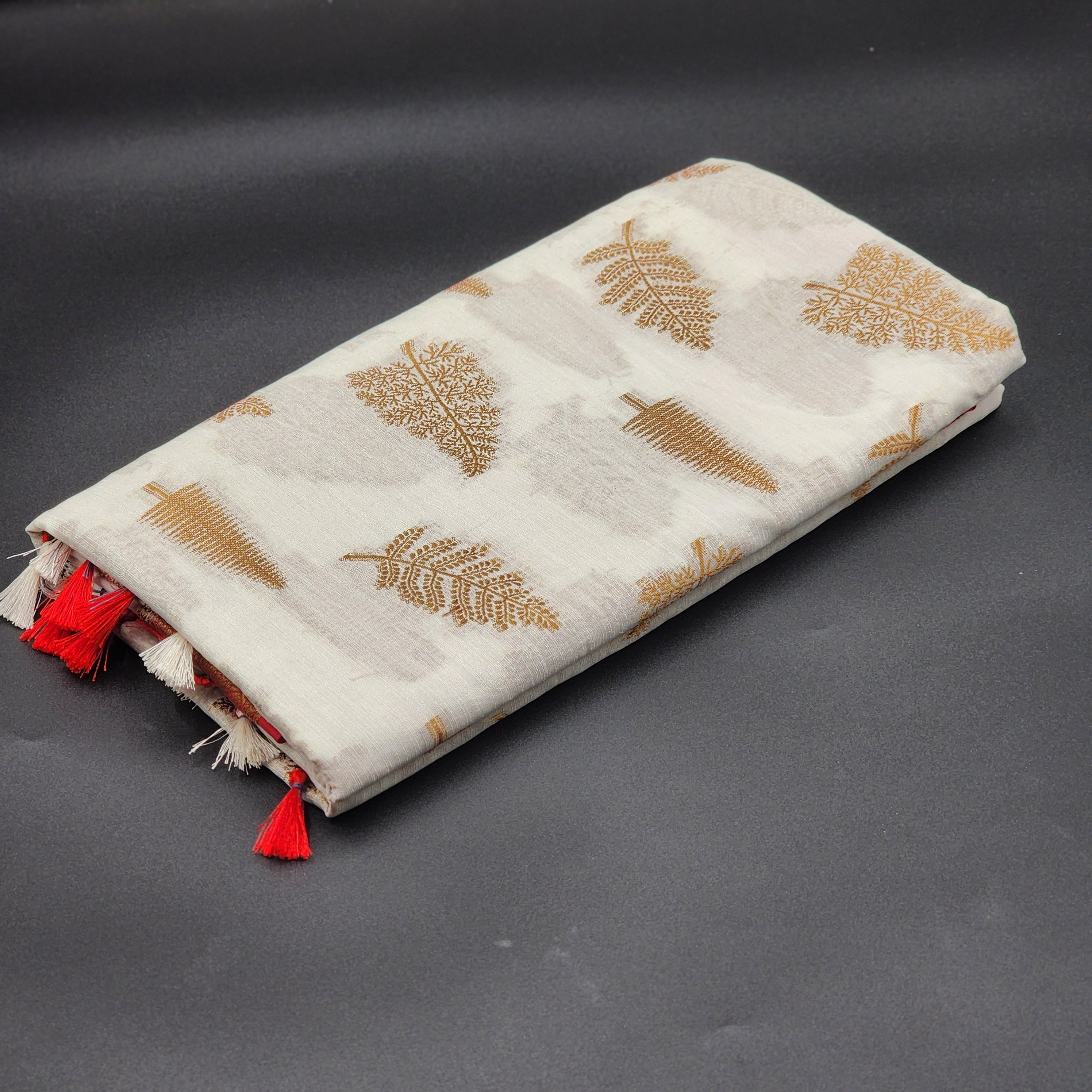 Tissue Silk Saree in Off white with contrast Red border Full body fern pattern 1157 Eljoys Fashion