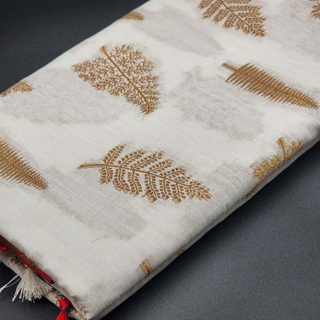 Tissue Silk Saree in Off white with contrast Red border Full body fern pattern 1157 Eljoys Fashion
