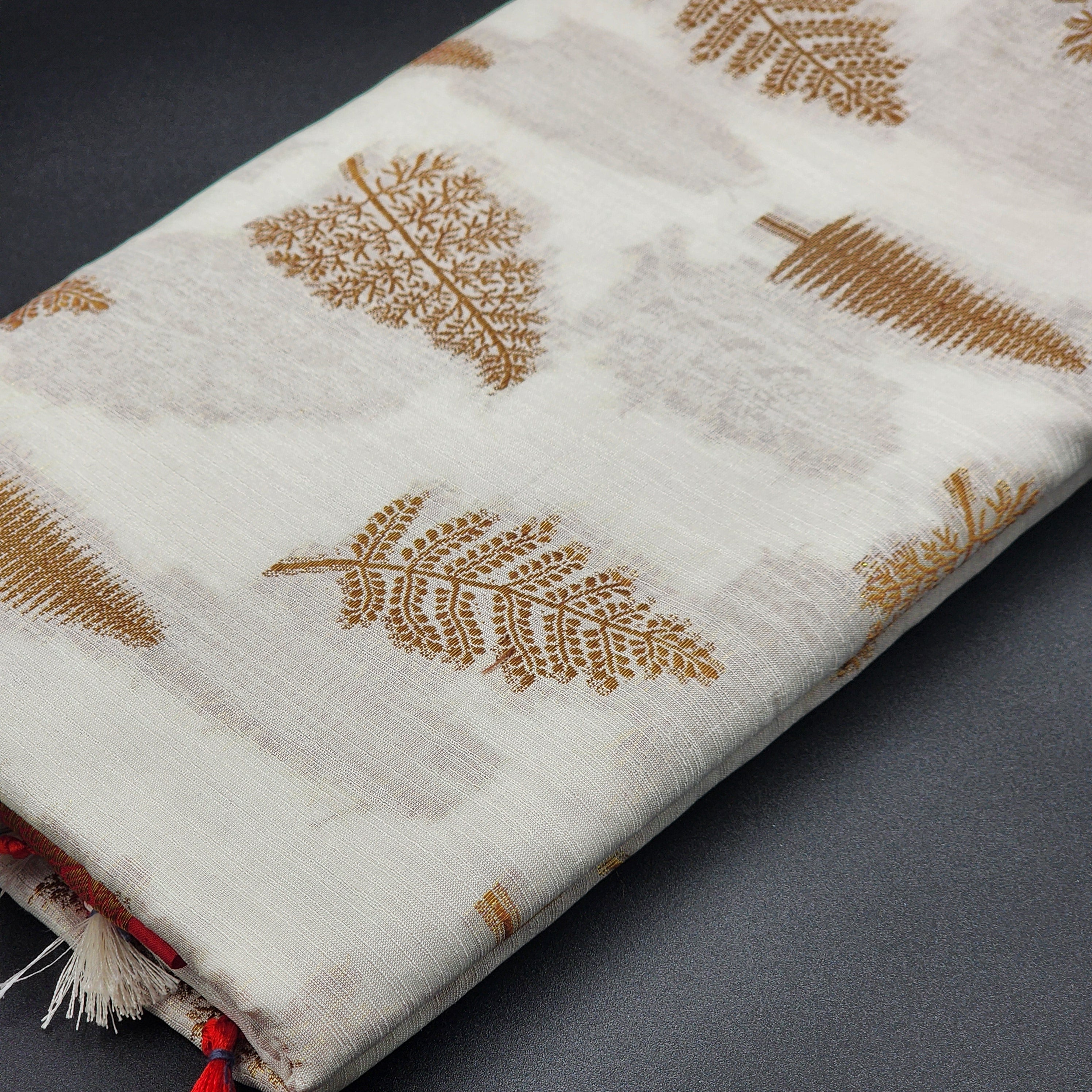 Tissue Silk Saree in Off white with contrast Red border Full body fern pattern 1157 Eljoys Fashion