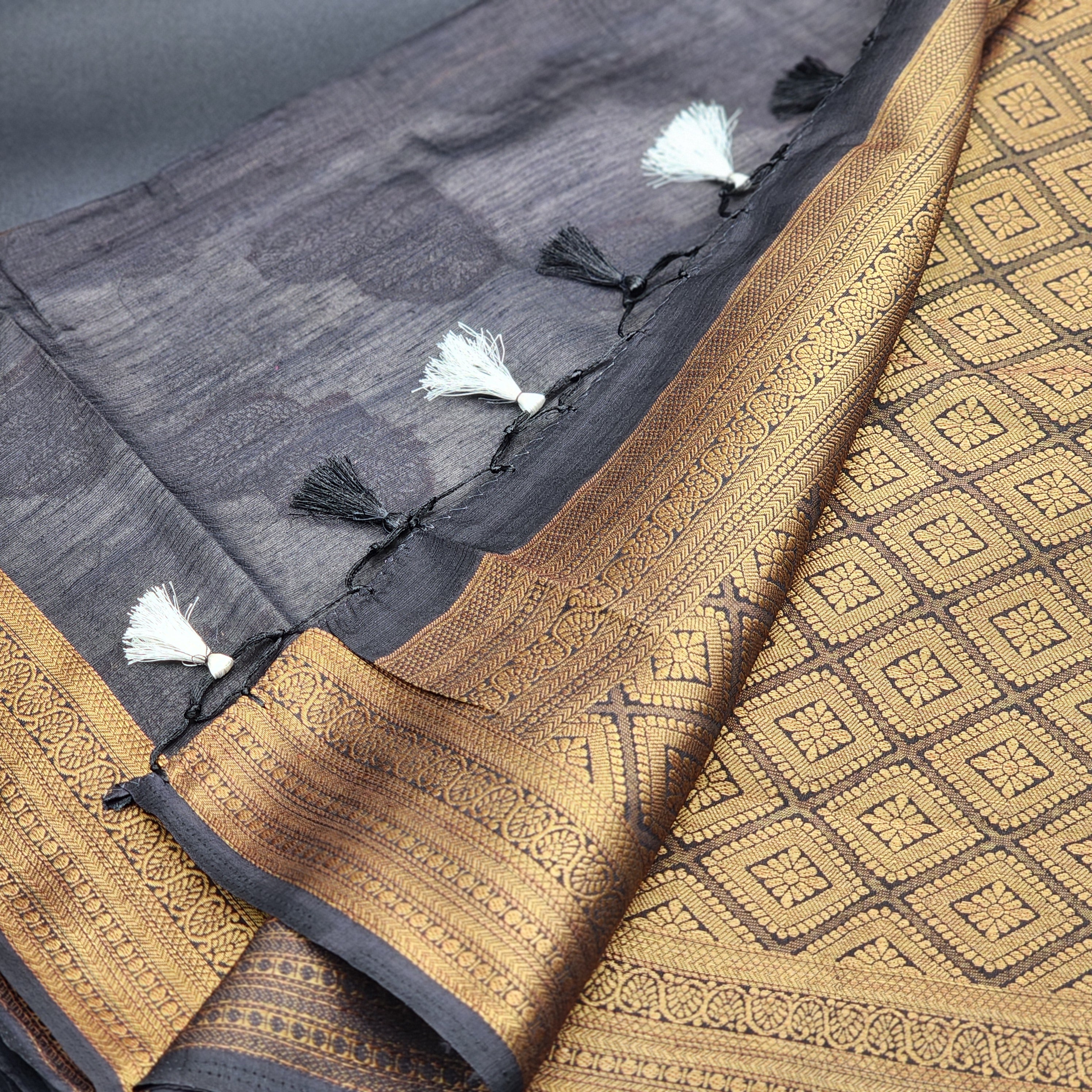Tissue Silk Saree with Contrast Black border -Full body double leaf Motif 1158