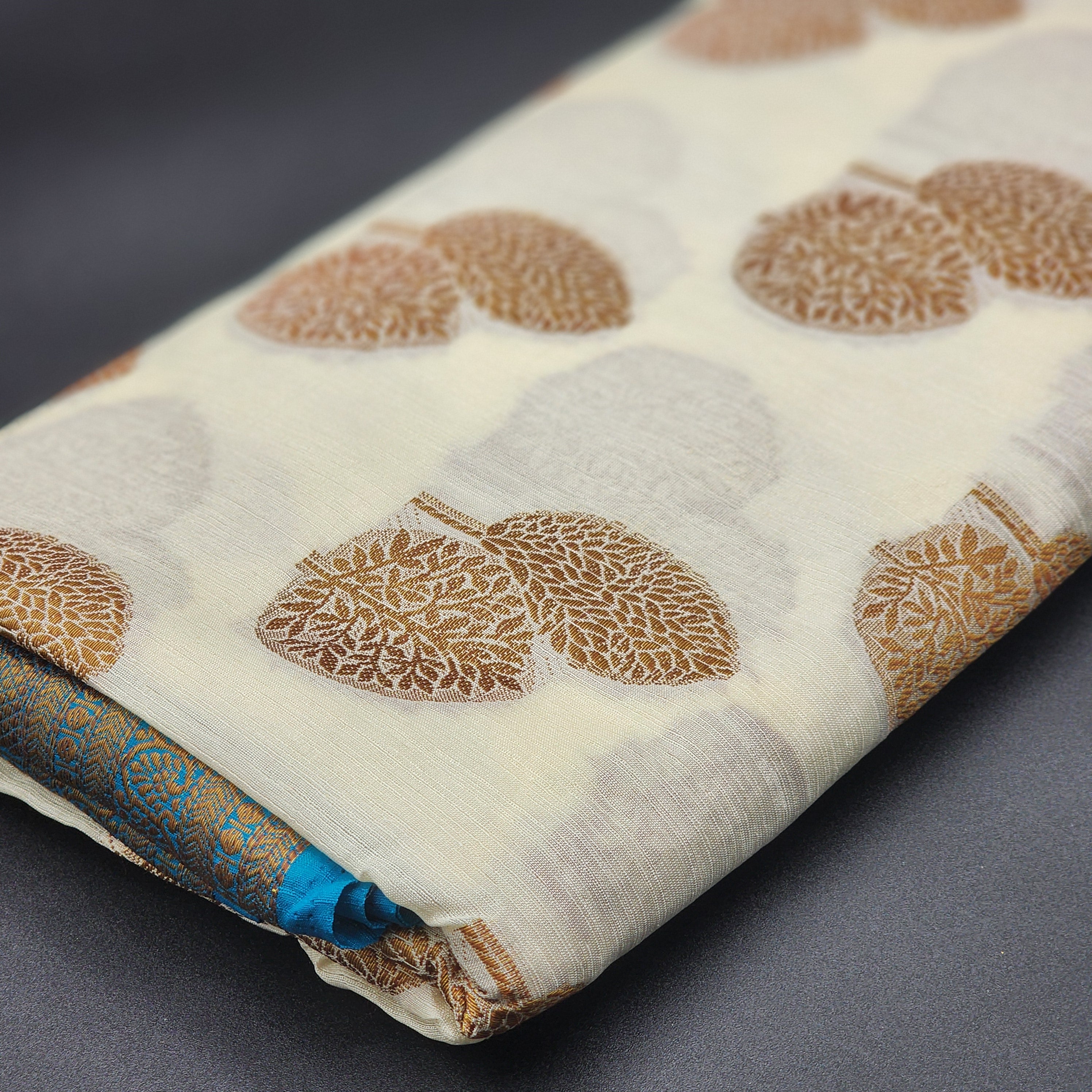 Tissue Silk Saree in Off white color with Contrast Blue border full body double leaf motif pattern 1159 Eljoys Fashion