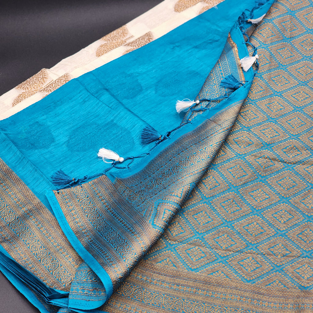 Tissue Silk Saree in Off white color with Contrast Blue border full body double leaf motif pattern 1159 Eljoys Fashion