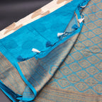 Tissue Silk Saree in Off white color with Contrast Blue border full body double leaf motif pattern 1159 Eljoys Fashion