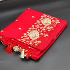 Tussar Silk Cut work Saree in Red Floral Embroidery 1163 Eljoys Fashion