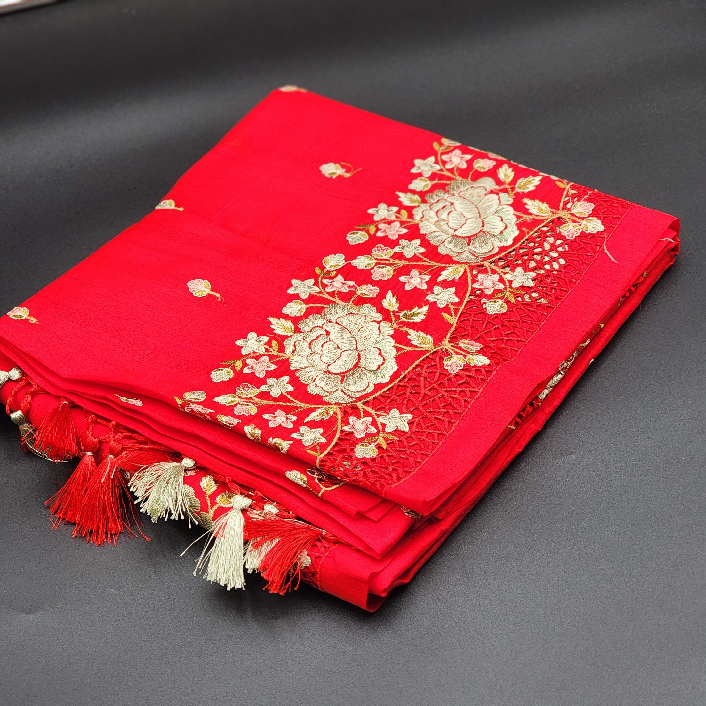 Tussar Silk Cut work Saree in Red Floral Embroidery 1163 Eljoys Fashion