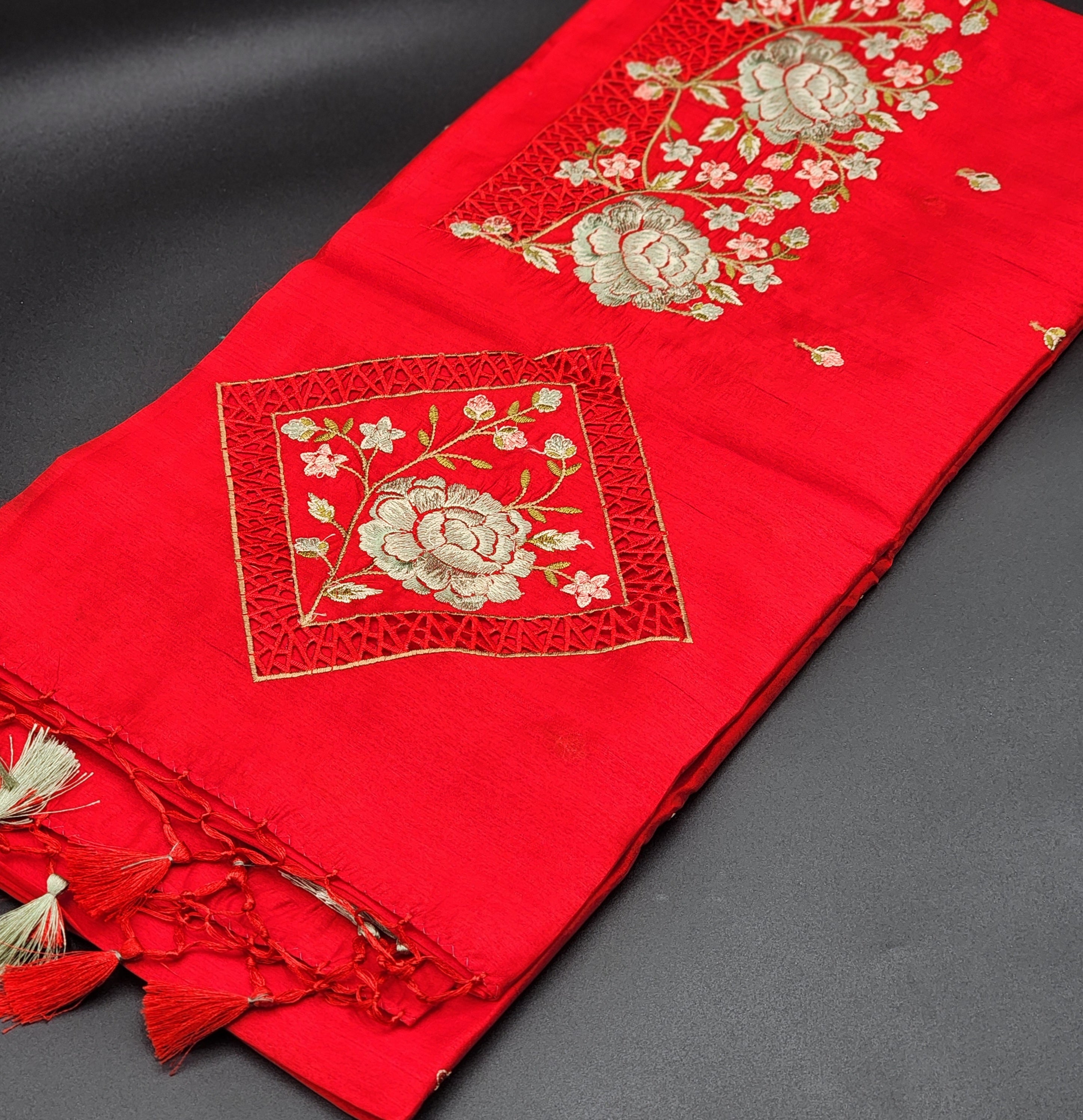 Tussar Silk Cut work Saree in Red Floral Embroidery 1163 Eljoys Fashion