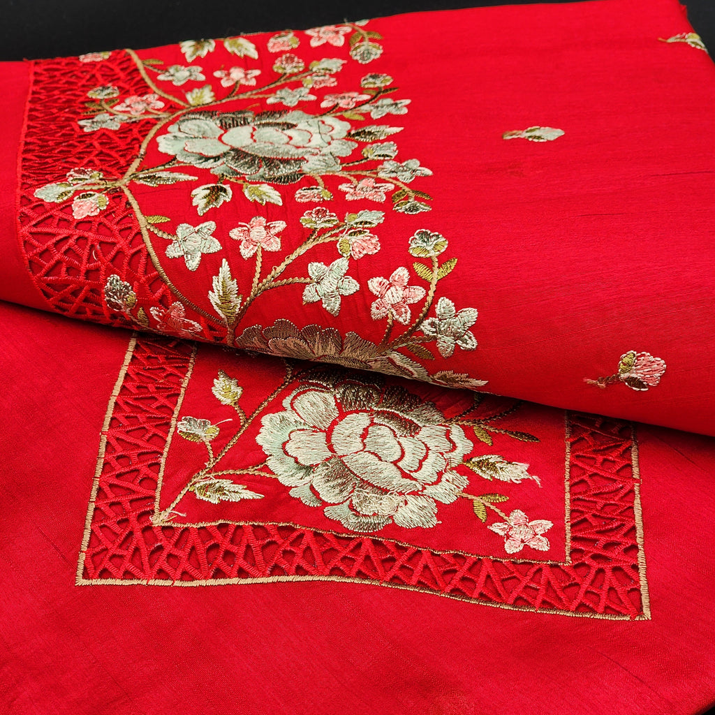 Tussar Silk Cut work Saree in Red Floral Embroidery 1163 Eljoys Fashion