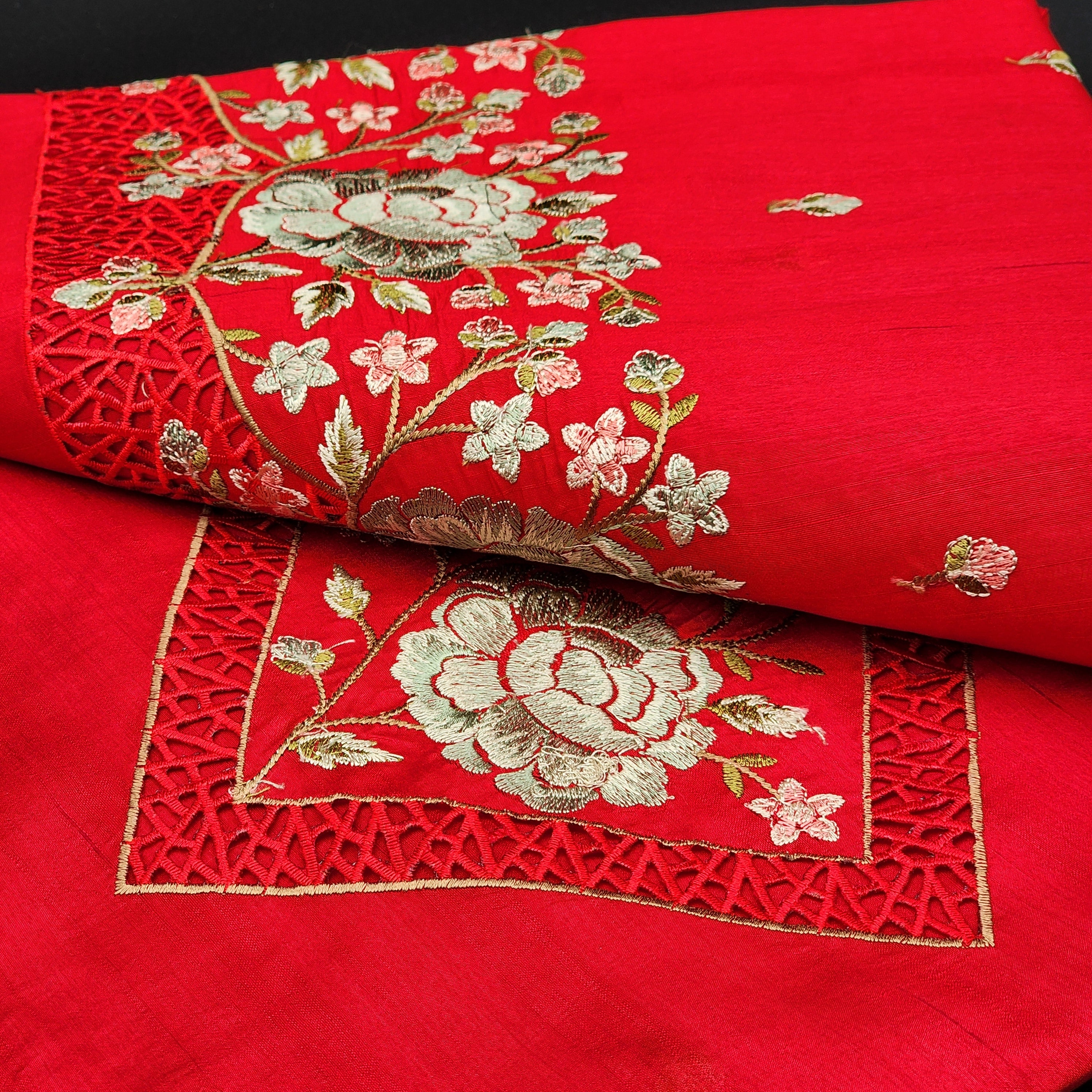 Tussar Silk Cut work Saree in Red Floral Embroidery 1163 Eljoys Fashion