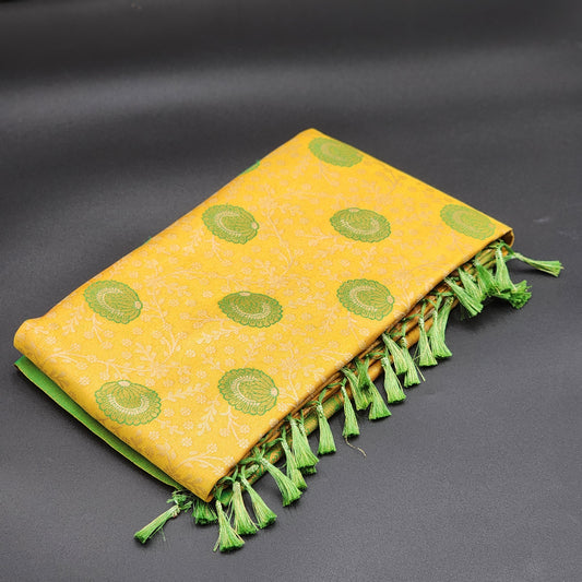 Saree - Yellow Banarasi Silk Handloom Saree with Green floral motifs and Tassels -1171 Eljoys Fashion