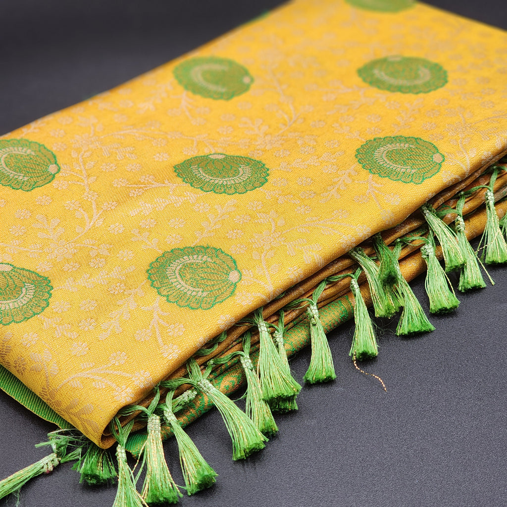 Saree - Yellow Banarasi Silk Handloom Saree with Green floral motifs and Tassels -1171 Eljoys Fashion