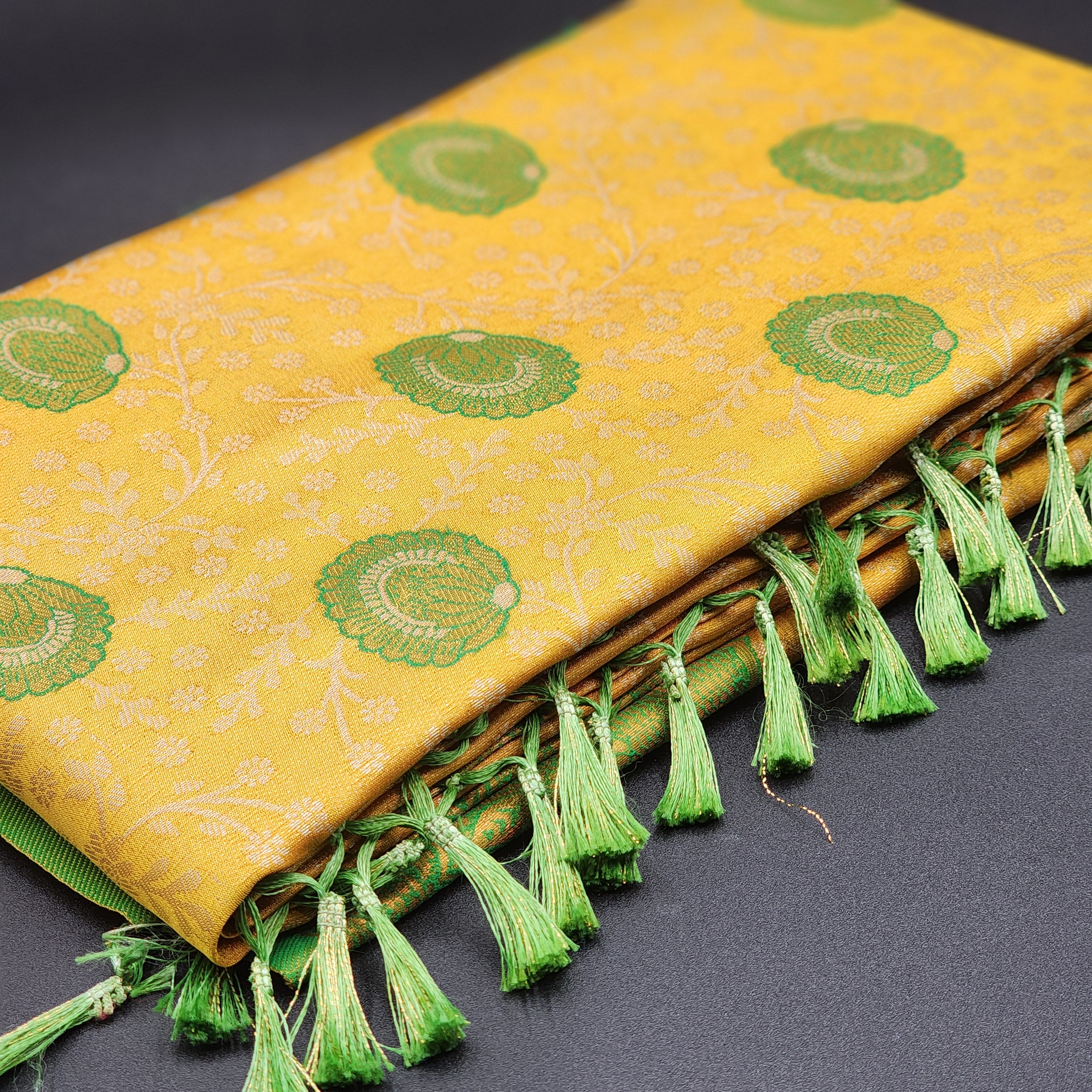 Saree - Yellow Banarasi Silk Handloom Saree with Green floral motifs and Tassels -1171 Eljoys Fashion