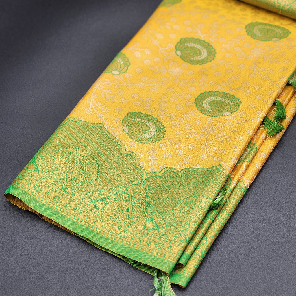 Saree - Yellow Banarasi Silk Handloom Saree with Green floral motifs and Tassels -1171 Eljoys Fashion