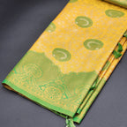 Saree - Yellow Banarasi Silk Handloom Saree with Green floral motifs and Tassels -1171 Eljoys Fashion