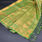 Saree - Yellow Banarasi Silk Handloom Saree with Green floral motifs and Tassels -1171 Eljoys Fashion