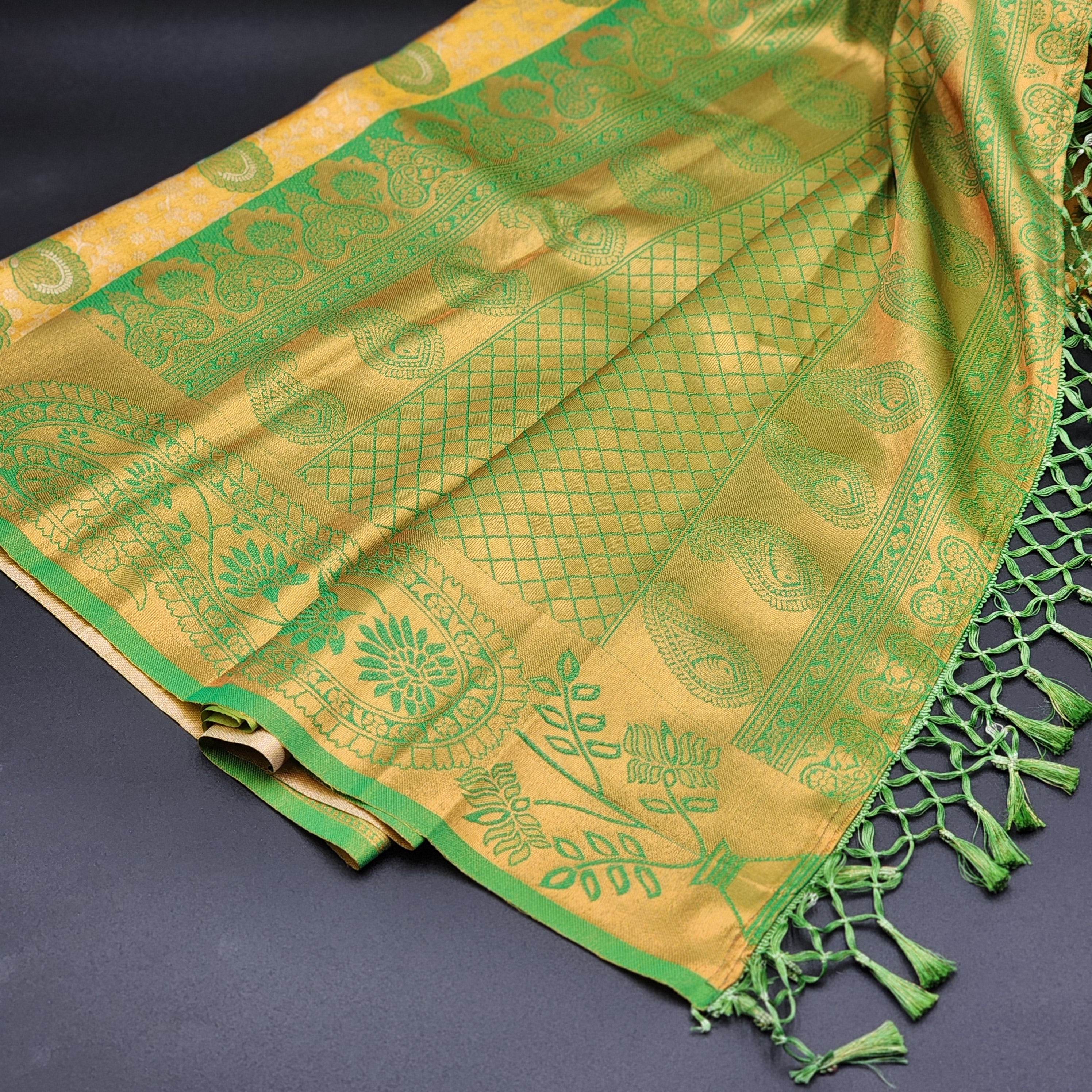 Saree - Yellow Banarasi Silk Handloom Saree with Green floral motifs and Tassels -1171 Eljoys Fashion