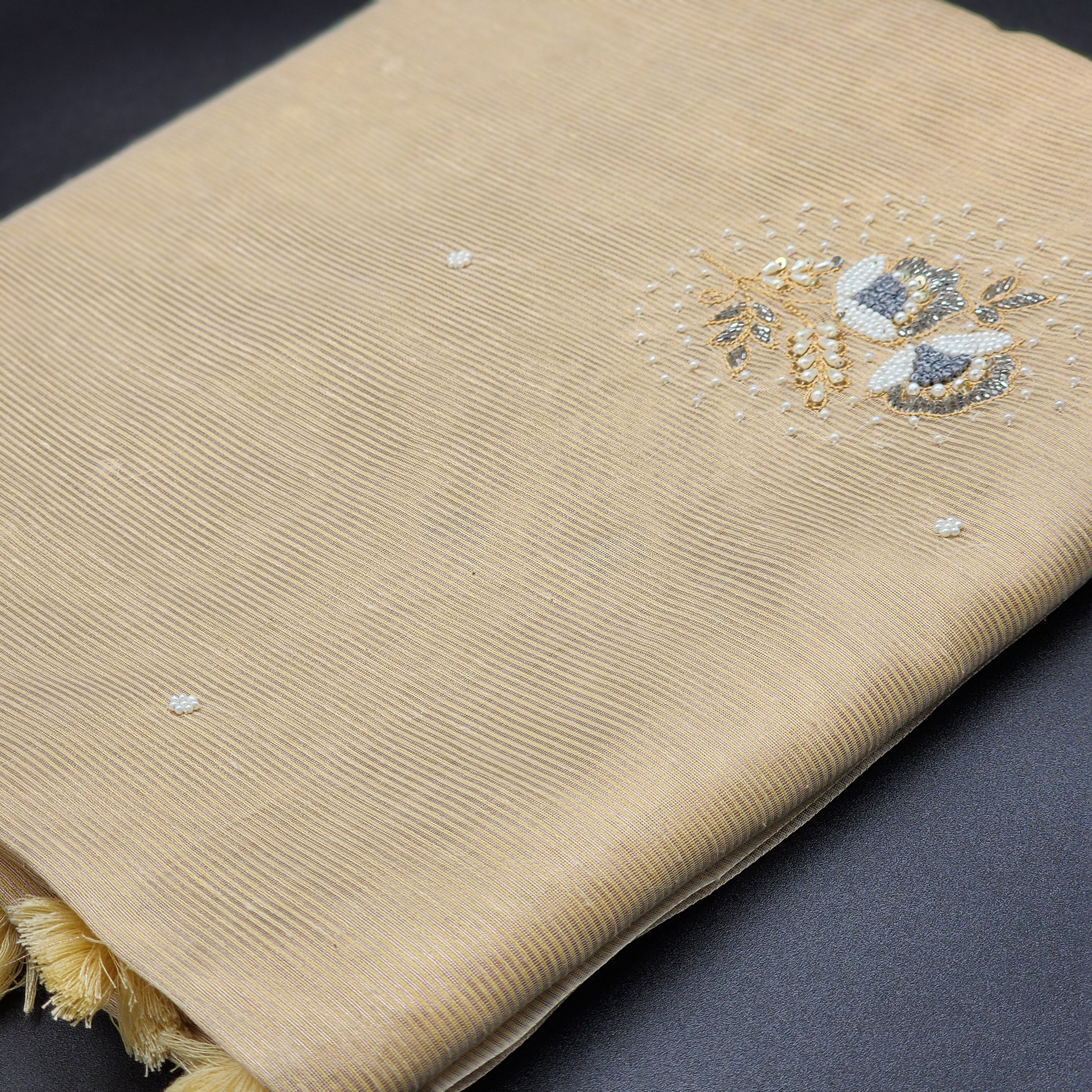 Tissue Saree with Antique Gold and silver toned -beads and stone floral design -1172 Eljoys Fashion