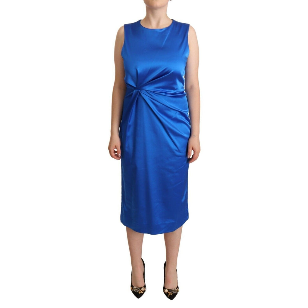 P.A.R.O.S.H. Blue Acetate Sleeveless Pleated Midi Sheath Dress