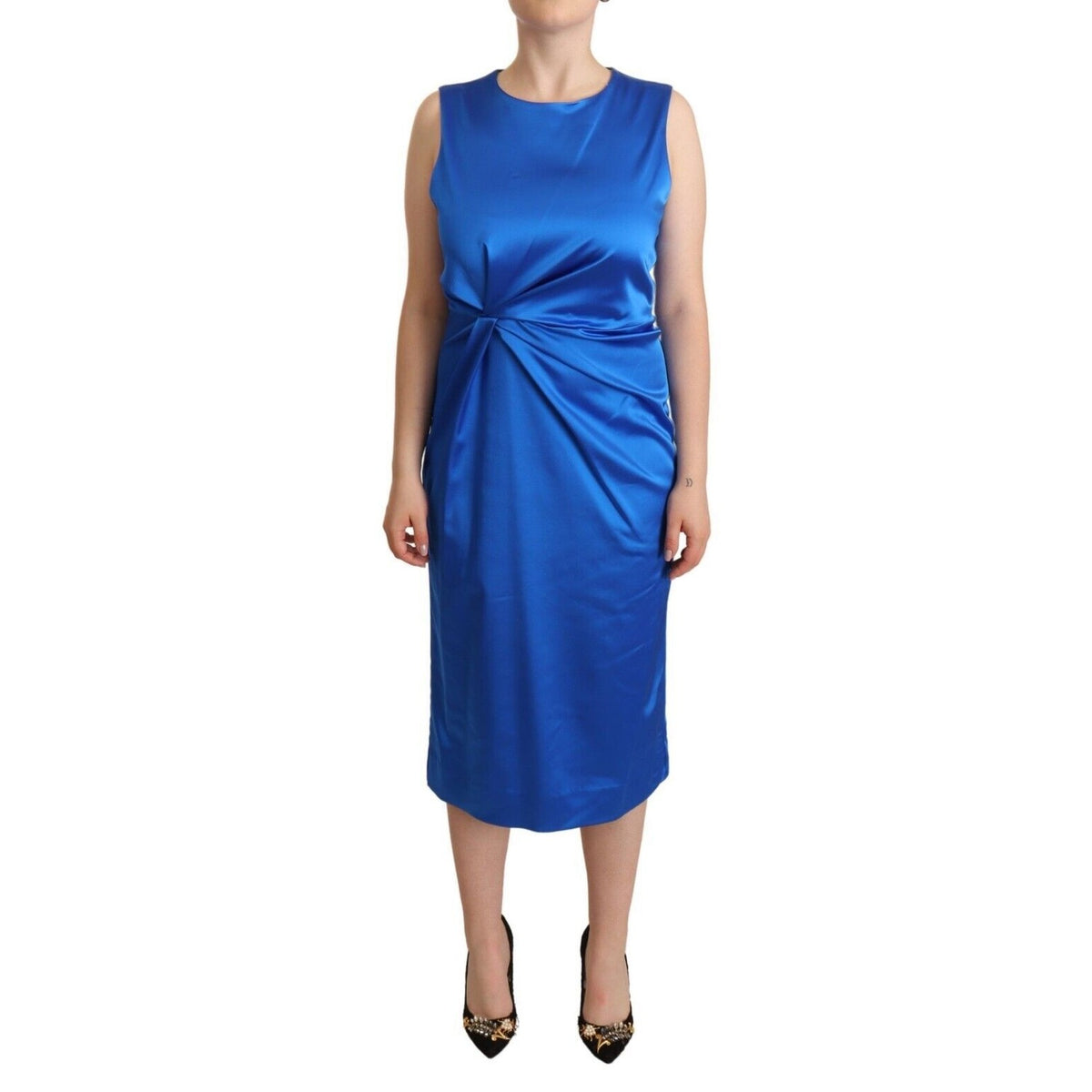 P.A.R.O.S.H. Blue Acetate Sleeveless Pleated Midi Sheath Dress