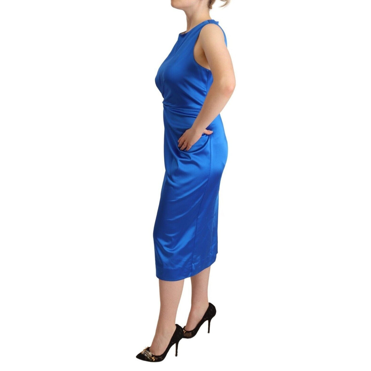 P.A.R.O.S.H. Blue Acetate Sleeveless Pleated Midi Sheath Dress