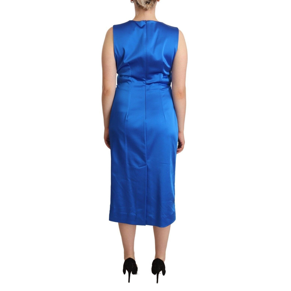 P.A.R.O.S.H. Blue Acetate Sleeveless Pleated Midi Sheath Dress