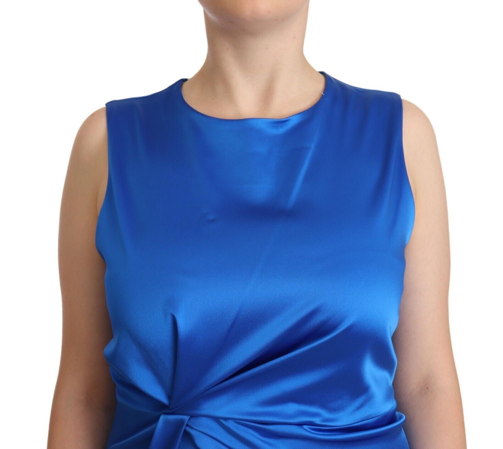 P.A.R.O.S.H. Blue Acetate Sleeveless Pleated Midi Sheath Dress P.A.R.O.S.H.