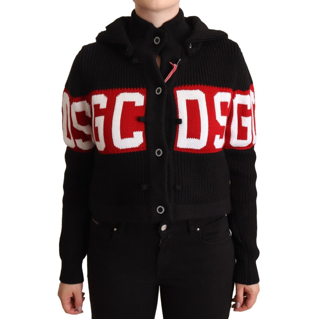 GCDS Black Cashmere Hooded Button Down Logo Cardigan Jacket