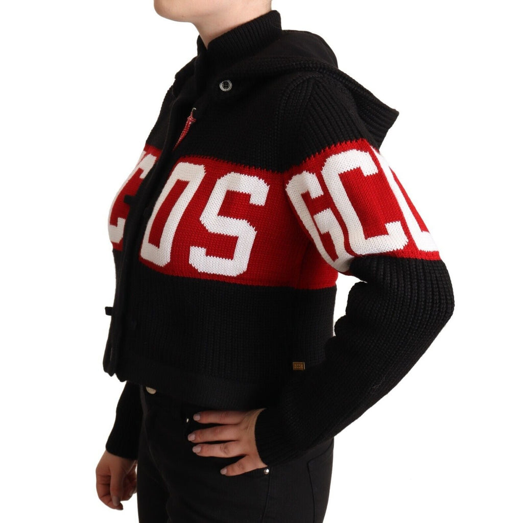 GCDS Black Cashmere Hooded Button Down Logo Cardigan Jacket