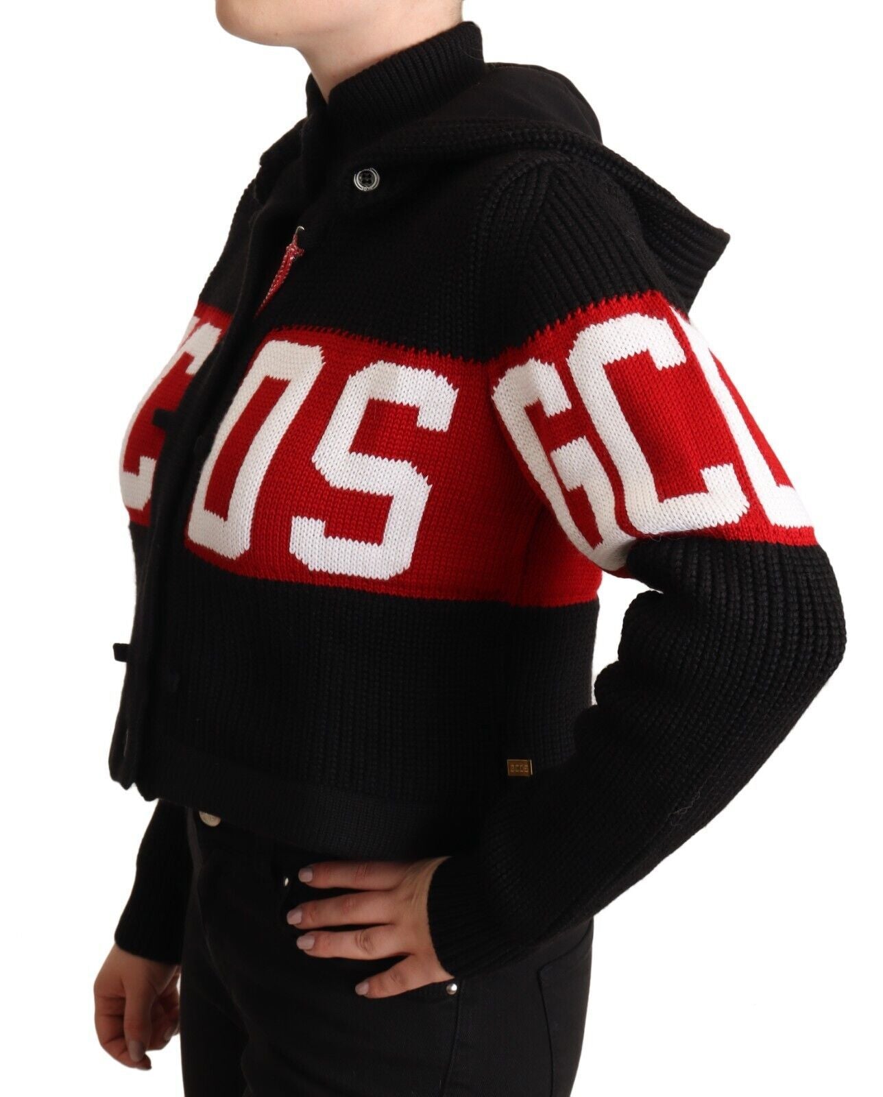 GCDS Black Cashmere Hooded Button Down Logo Cardigan Jacket GCDS