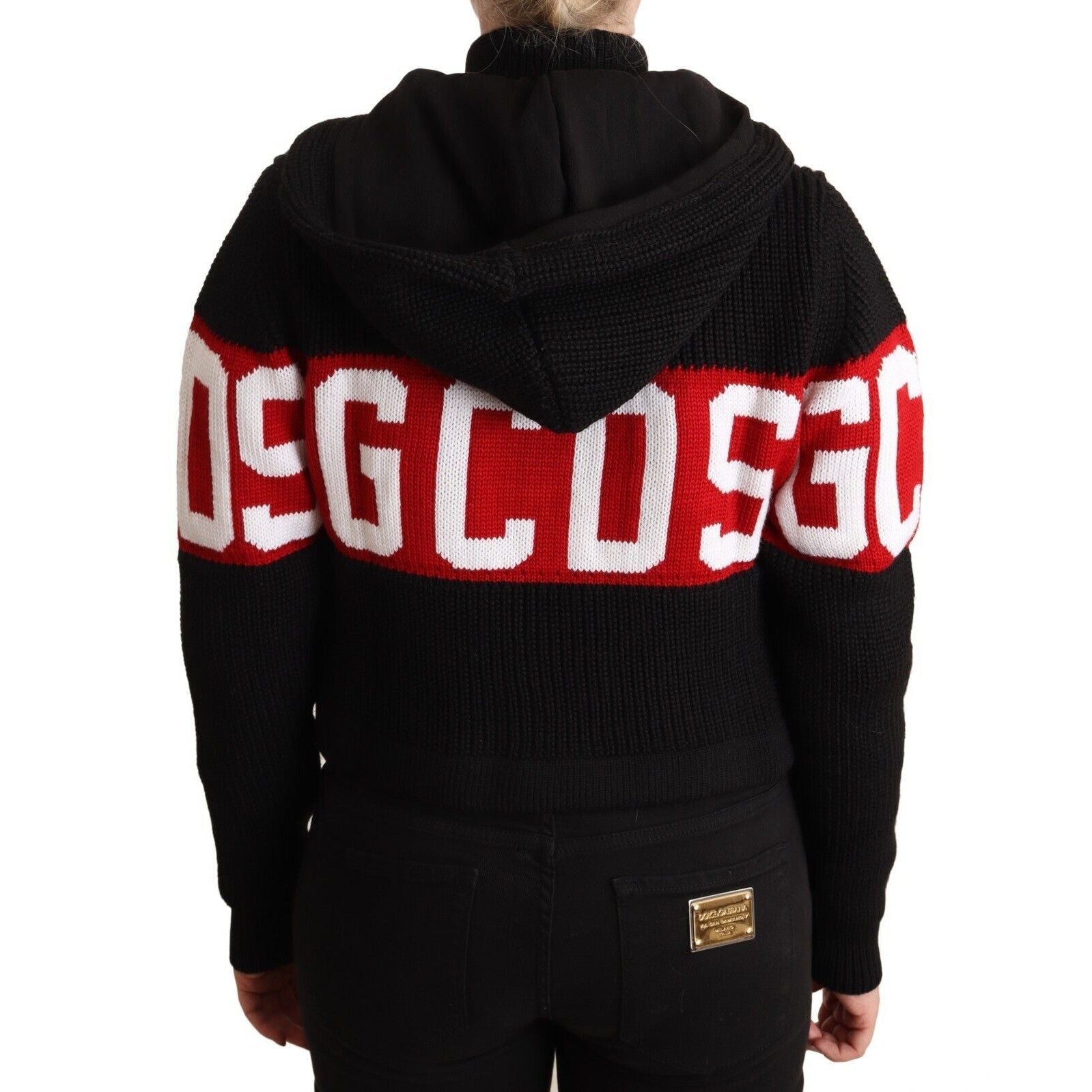 GCDS Black Cashmere Hooded Button Down Logo Cardigan Jacket